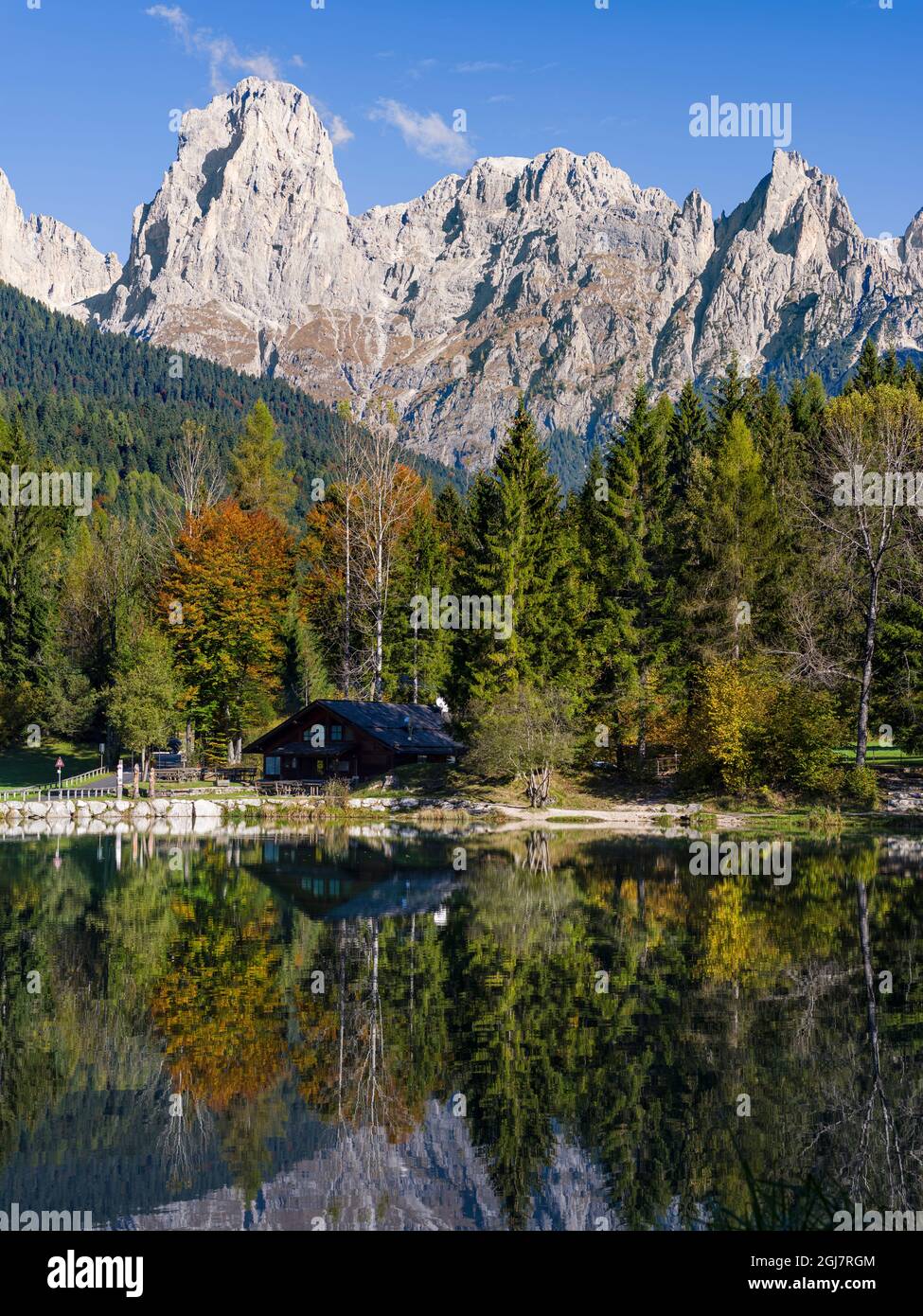 Lago Welsperg. Valle del Canali in the mountain range Pale di San Martino, part of UNESCO World Heritage Site Dolomites, in the dolomites of the Primi Stock Photo