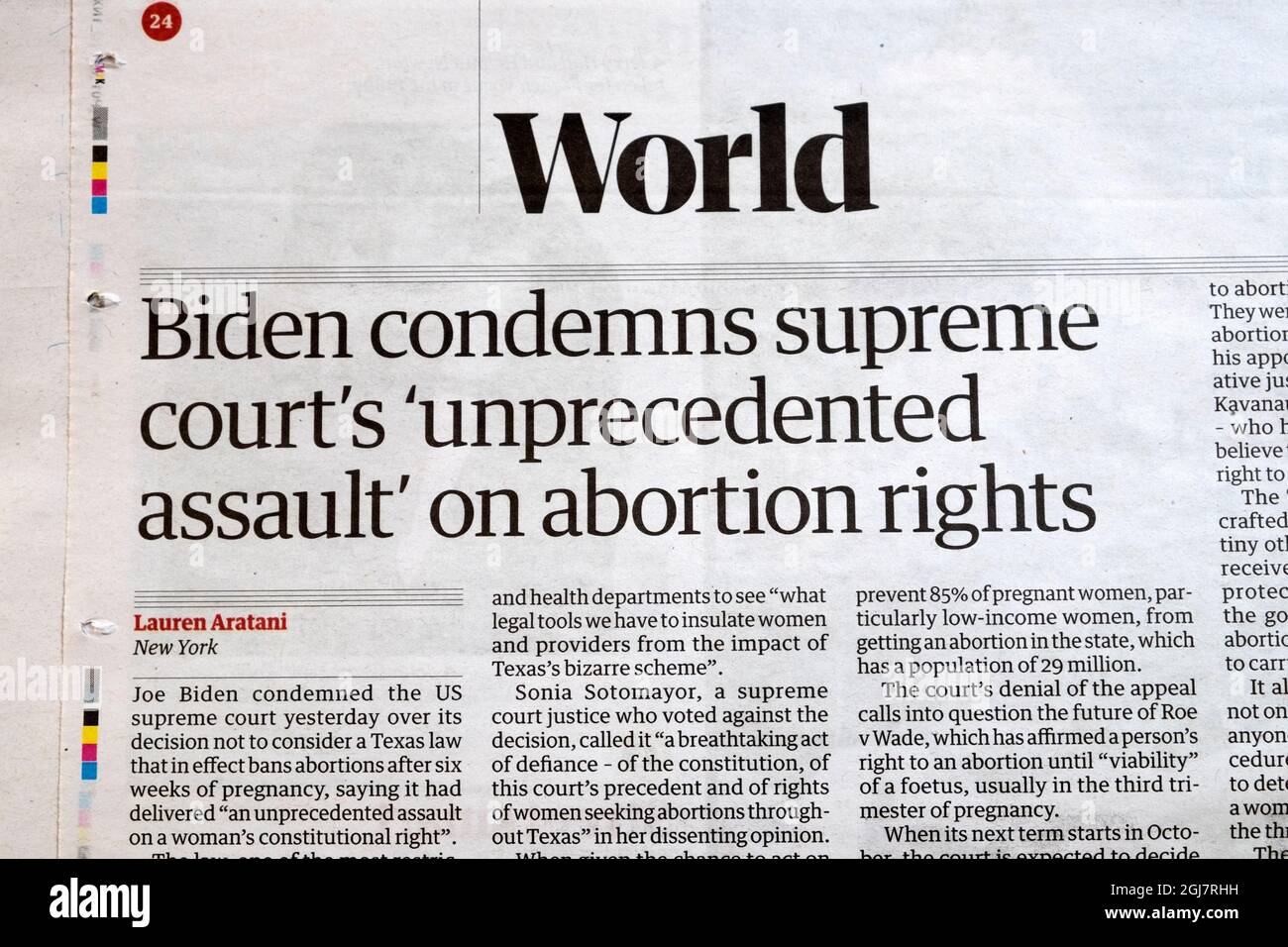 Joe 'Biden condemns supreme court's 'unprecedented assault' on abortion rights' Guardian newspaper article inside page 2 September 2021 London UK Stock Photo
