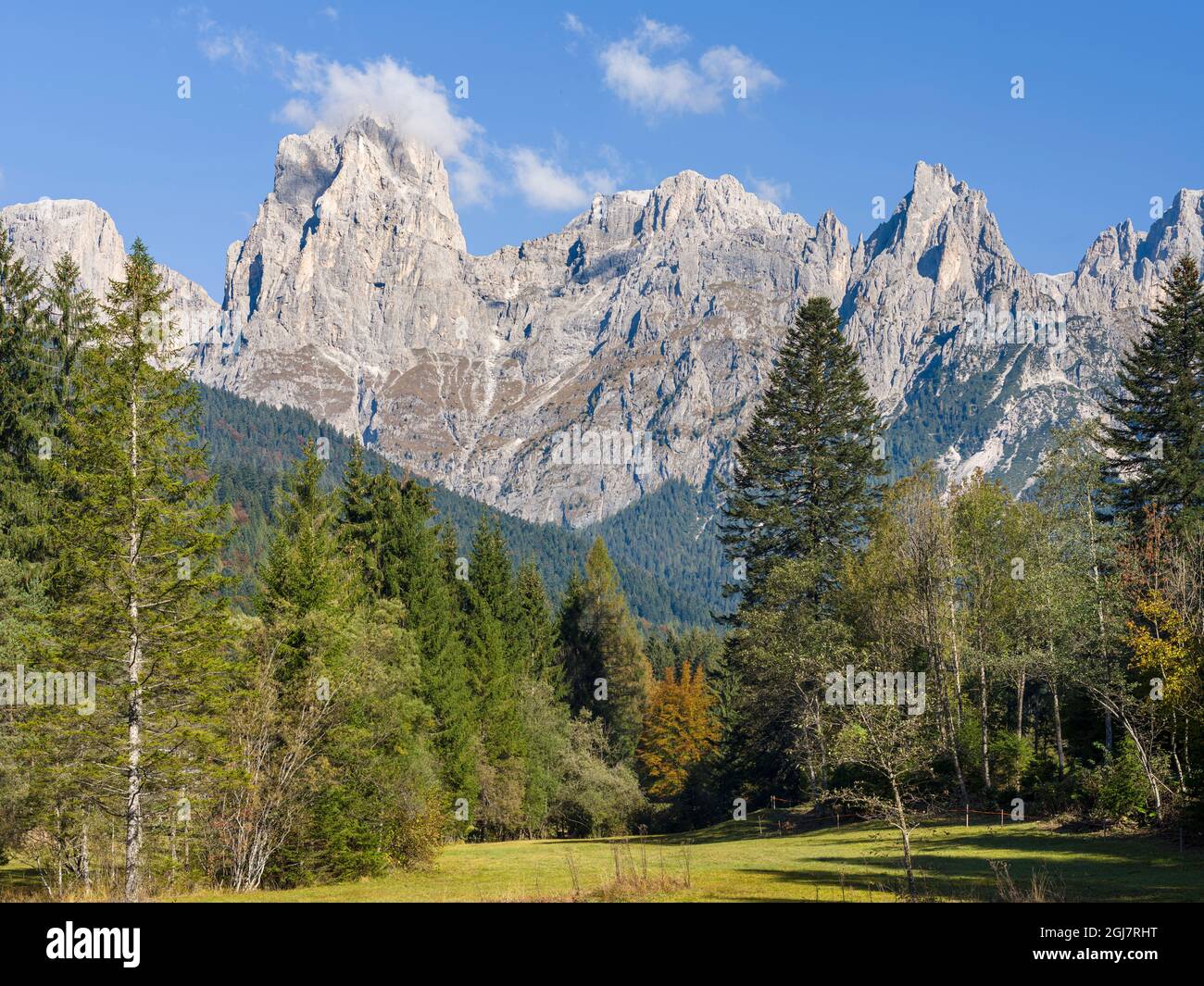 Valle del Canali in the mountain range Pale di San Martino, part of UNESCO World Heritage Site Dolomites, in the dolomites of the Primiero, Italy. Stock Photo