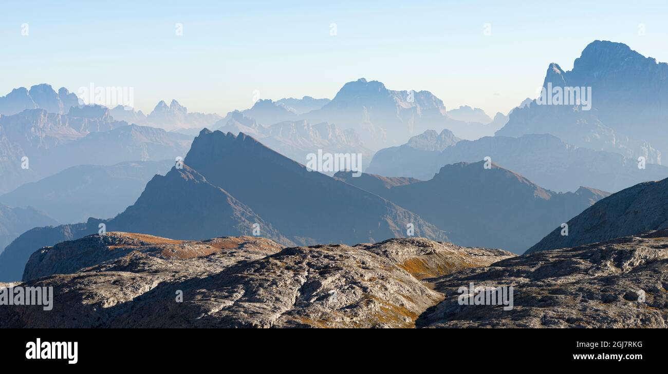 View towards north to Civetta and Tofane. The alpine plateau Altiplano delle Pale di San Martino in the Pala Group (UNESCO World Heritage Site) in the Stock Photo