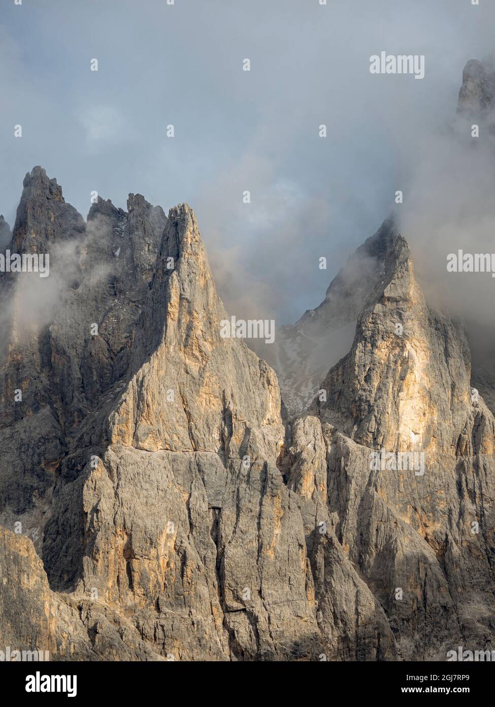 Peaks towering over Val Venegia seen from Passo Costazza. Pale di San Martino in the Dolomites of Trentino. Pala is part of the UNESCO World Heritage Stock Photo
