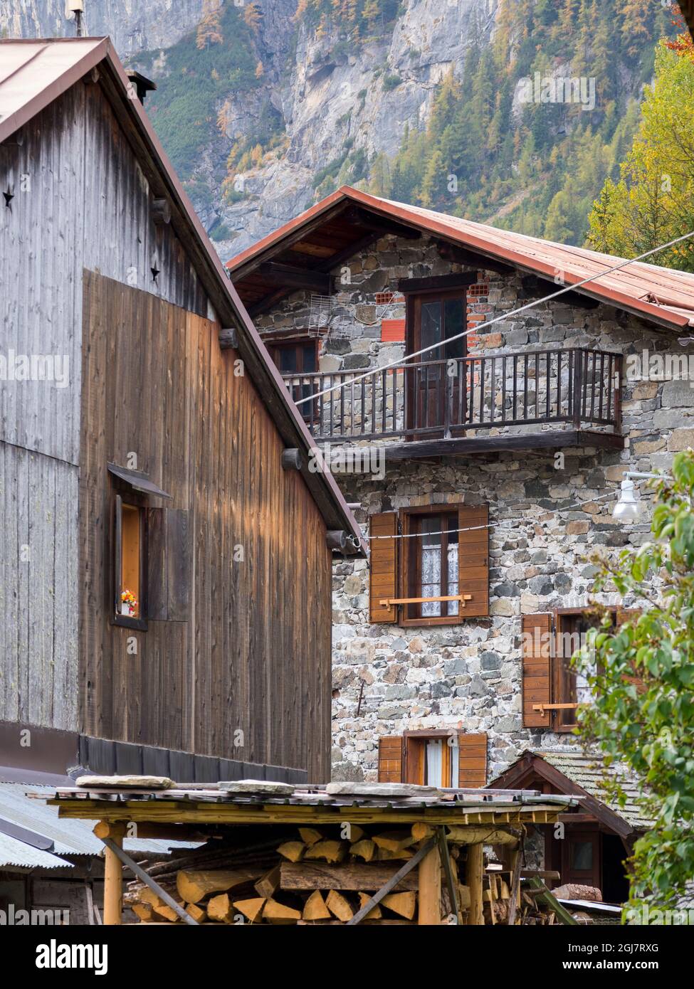 Village Gares, traditional alpine architecture in valley Valle di Gares, Pale di San Martino. Pala is part of the UNESCO World Heritage Site, Dolomite Stock Photo