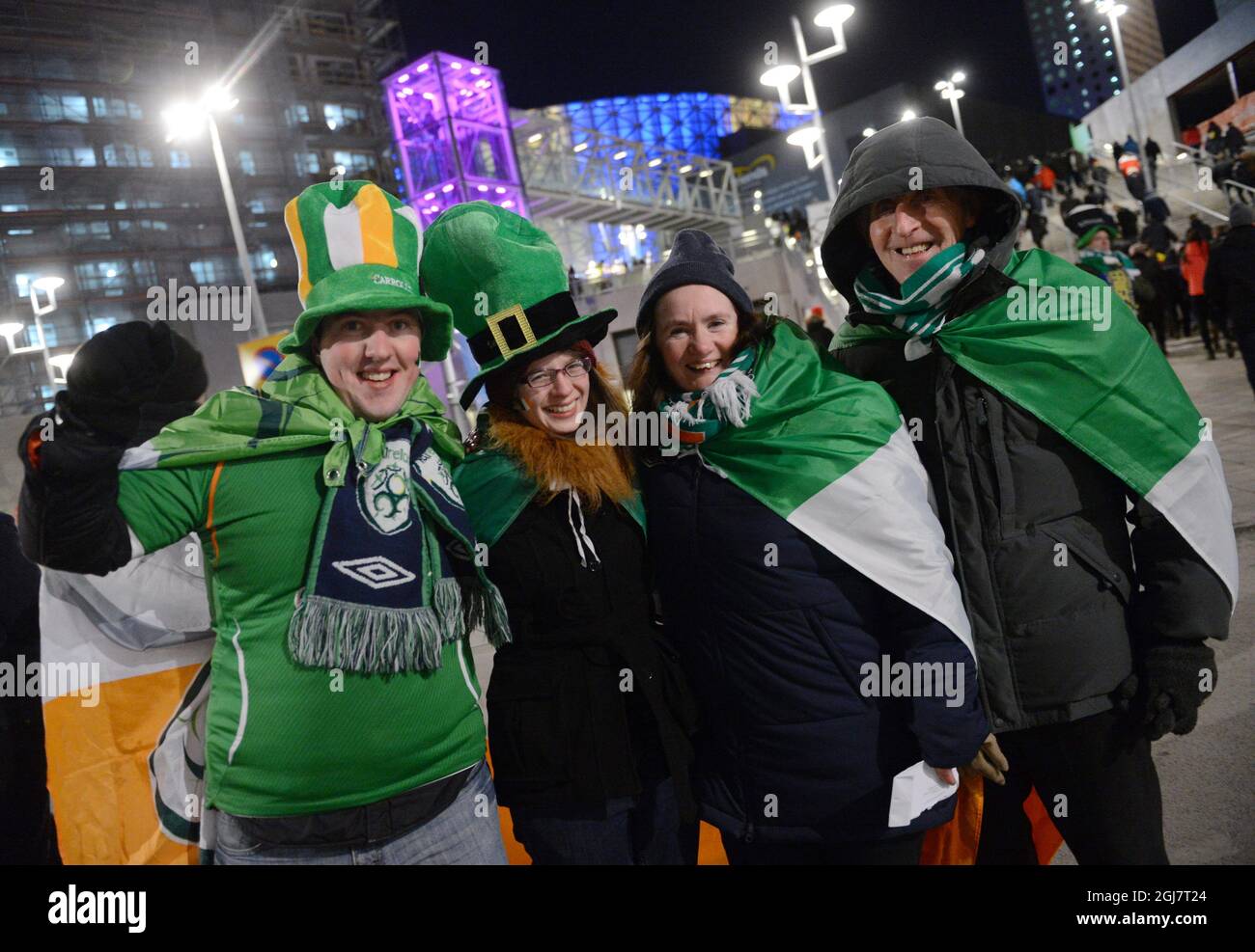 Irish fans arrive for the the 2014 FIFA World Cup group C qualifier soccer match between Sweden and Ireland at Friends Arena in Stockholm, Sweden Stock Photo