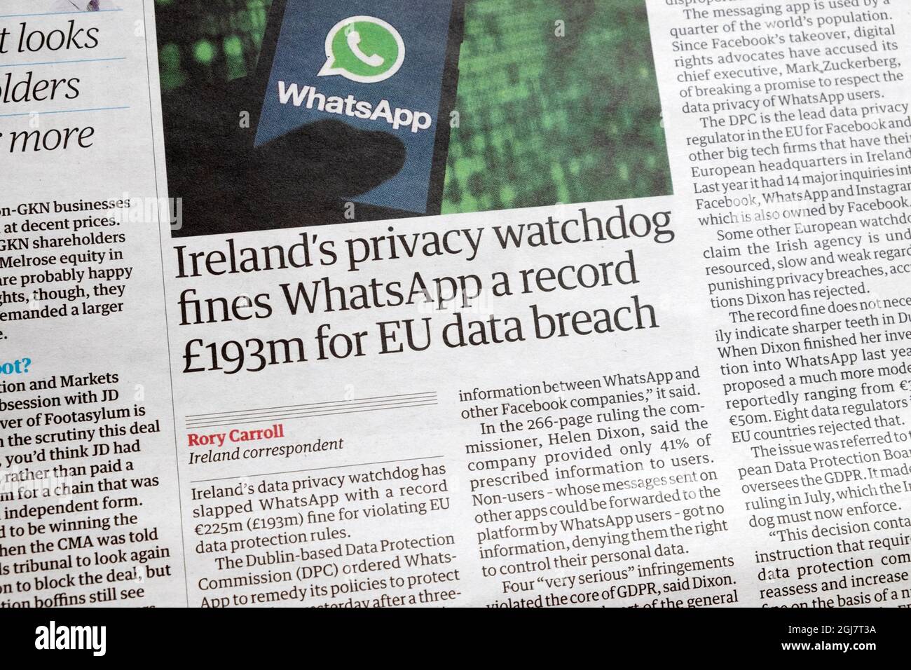 'Ireland 's privacy watchdog fines WhatsApp a record £193m for EU data breach' news Guardian newspaper headline article on 1 September 2021 London UK Stock Photo