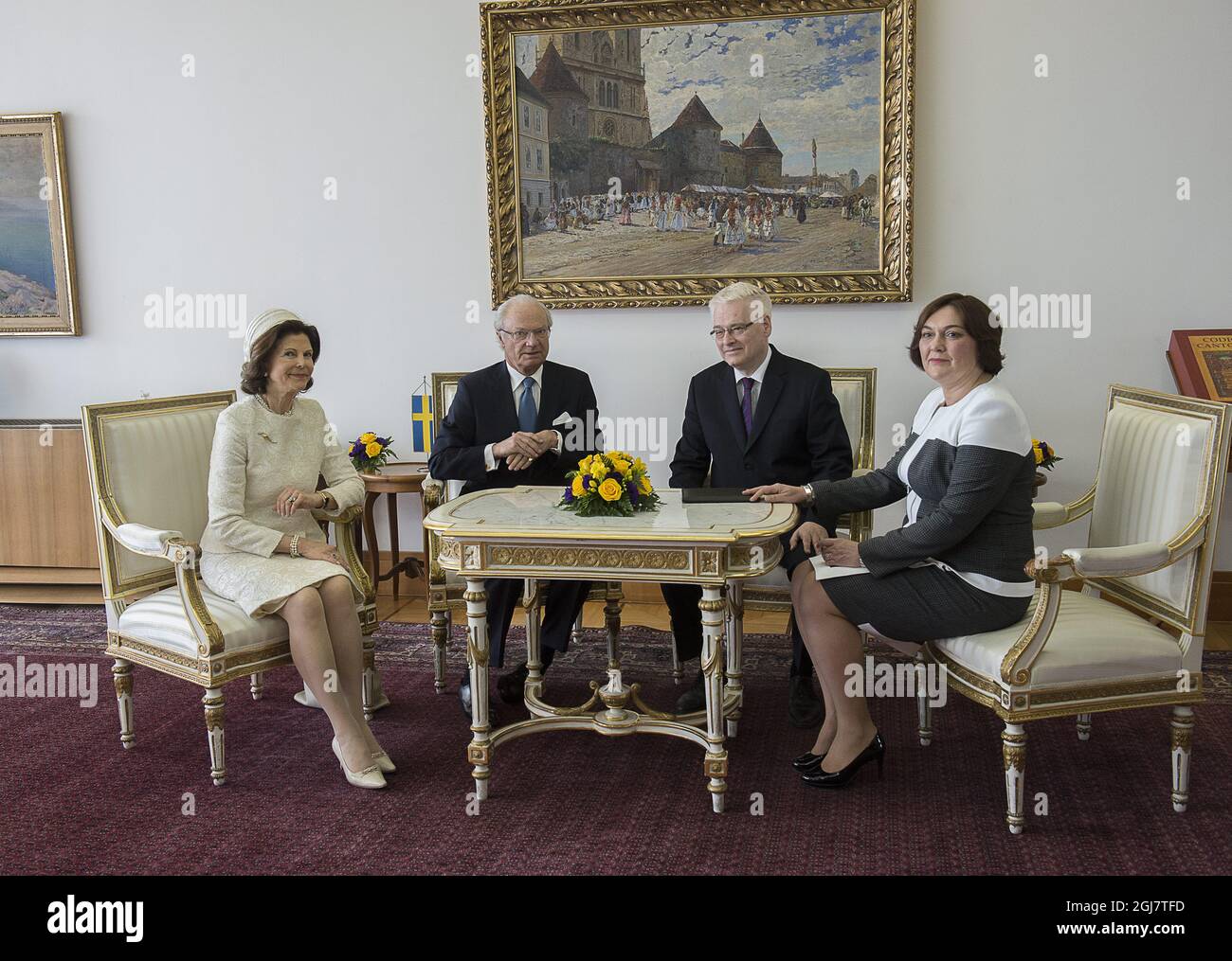 Swedish Queen Silvia, King Carl Gustaf, Croatia's President Ivo Josipovic and Professor Tatyana Josipovic at the Pantovcak Presidential Palace in Zagreb, Croatia on April 16, 2013. The Swedish King and Queen are on a three-day official visit to Croatia.   Stock Photo