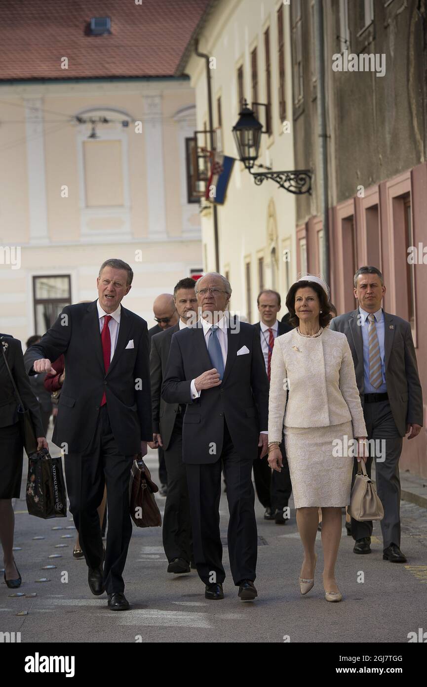 Swedish Queen Silvia and King Carl Gustaf together with Sweden's ambassador for Croatia  Fredrik Vahlquist (left) visit the Mestrovic museum in Zagreb, Croatia on April 16, 2013. The Swedish King and Queen are on a three-day official visit to Croatia.     Stock Photo