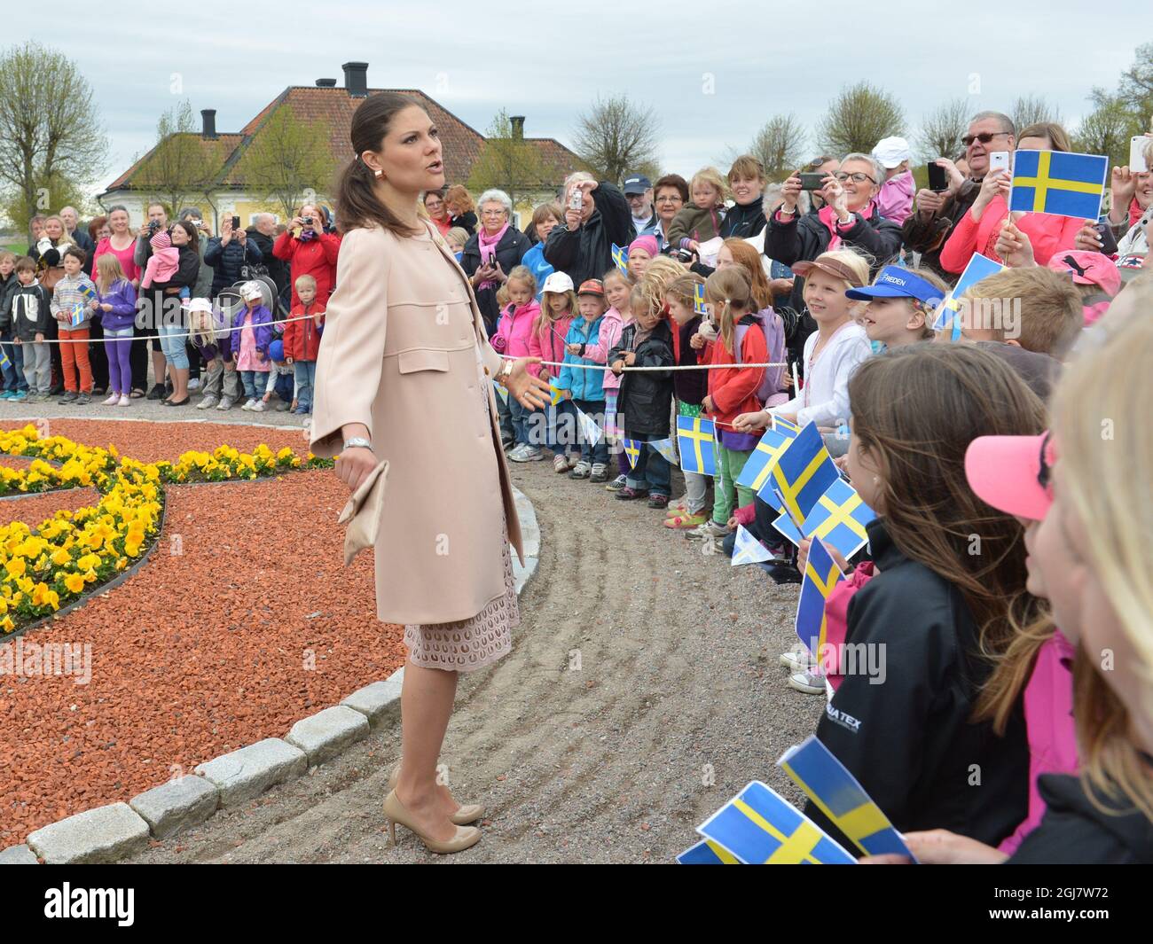 Crown Princess Victoria is seen at arrival to the opening of the exhibition 'Princess  Estelle —Birth and Christening', Stromsholm Palace, near Vasteras, Sweden, May 15, 2013.   Stock Photo
