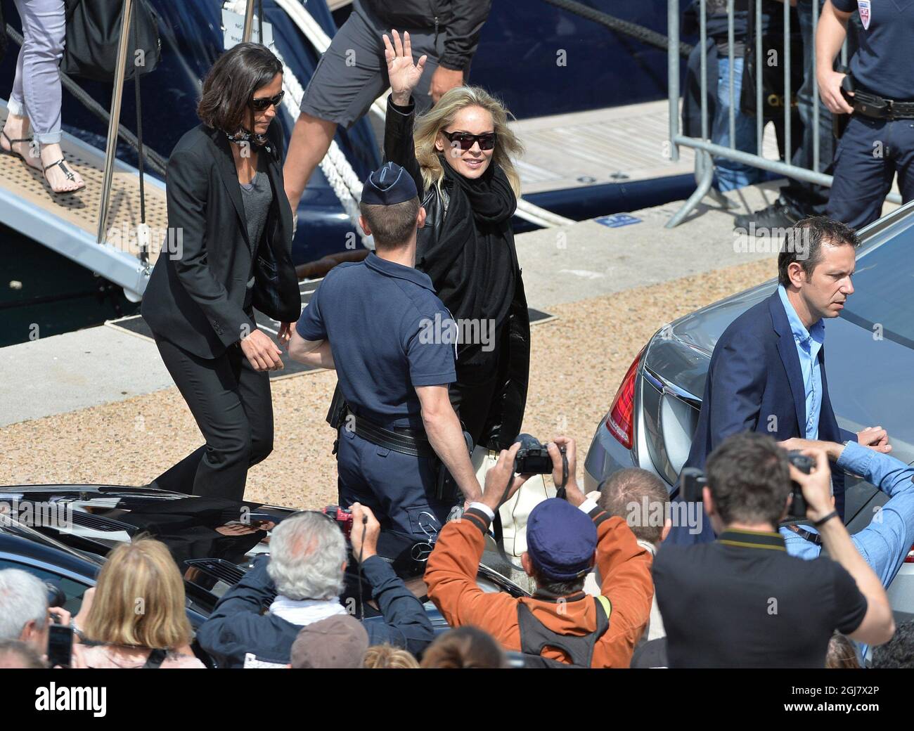 Actress Sharon Stone Sharonas she leave Roberto Cavalli's yacht during