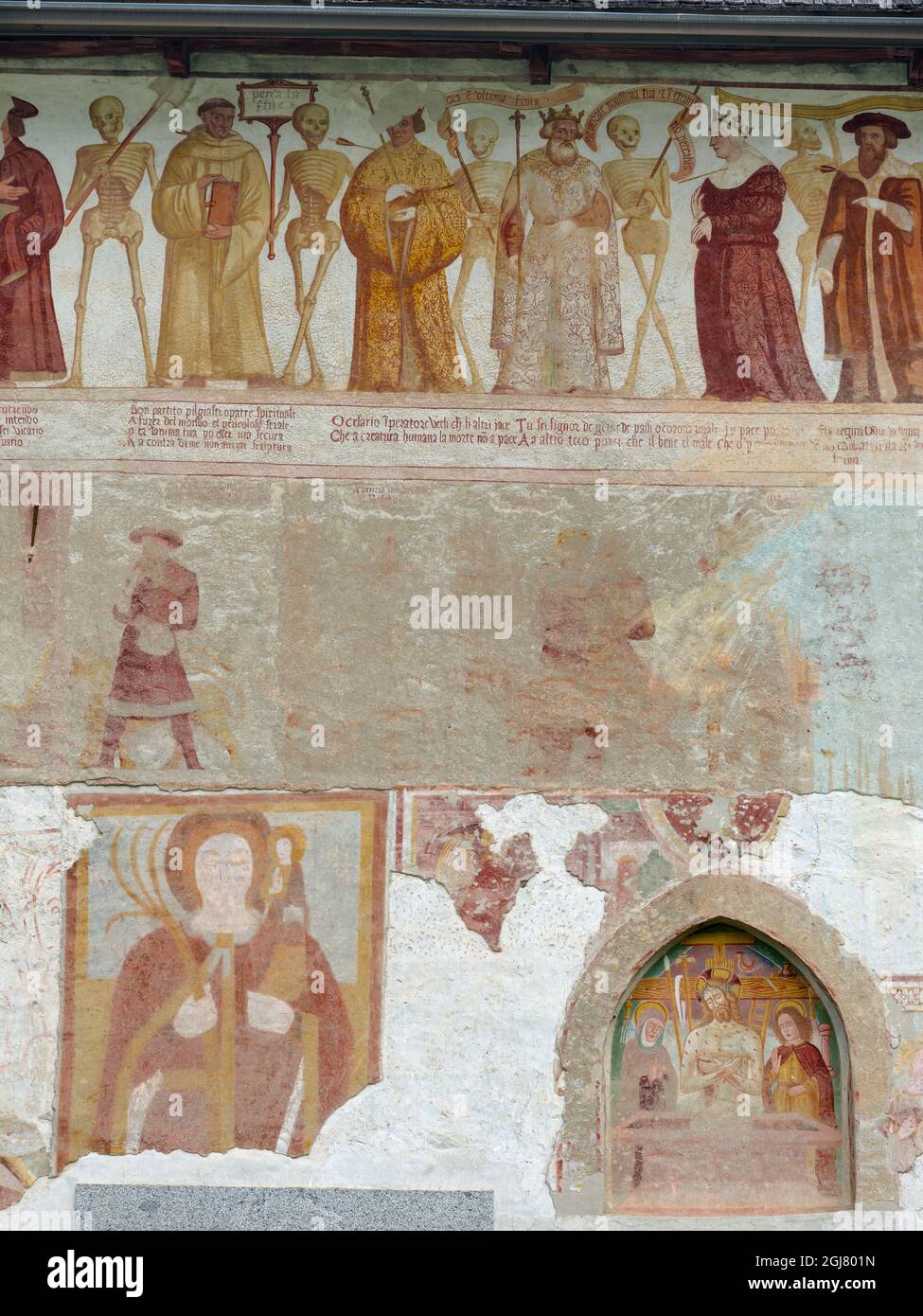 Church San Vigilio and fresco Danza Macabra (Danse Macabre or Dance of Death ) by Simone Baschenis dating back to 1539, Pinzolo, Val Rendena in Italy, Stock Photo