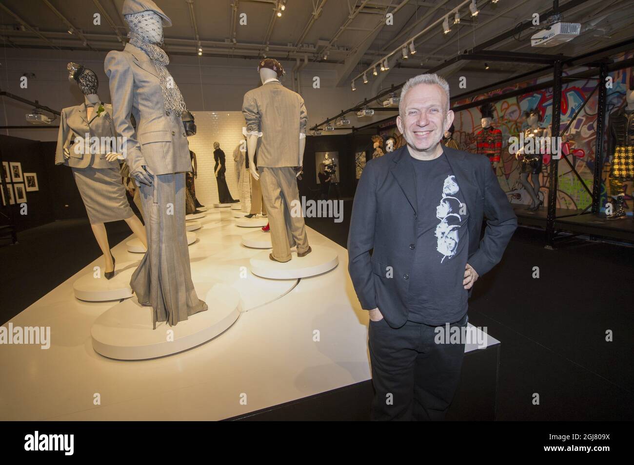 STOCKHOLM 20130613 The French designer Jean-Paul Gaultier at the Architecture and Design Museum in Stockholm, Sweden to inaugurate the exhibition of his works 'The fashion world of Jean Paul Gaultier from the sidewalk to the catwalk'. Jean Paul wearing an ABBA t-shirt that he bought at the new ABBA museum. Foto: Fredrik Sandberg / SCANPIX / Kod 10080  Stock Photo