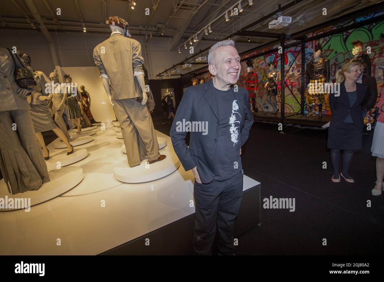 STOCKHOLM 20130613 The French designer Jean-Paul Gaultier at the Architecture and Design Museum in Stockholm, Sweden to inaugurate the exhibition of his works 'The fashion world of Jean Paul Gaultier from the sidewalk to the catwalk'. Jean Paul wearing an ABBA t-shirt that he bought at the new ABBA museum. Foto: Fredrik Sandberg / SCANPIX / Kod 10080  Stock Photo