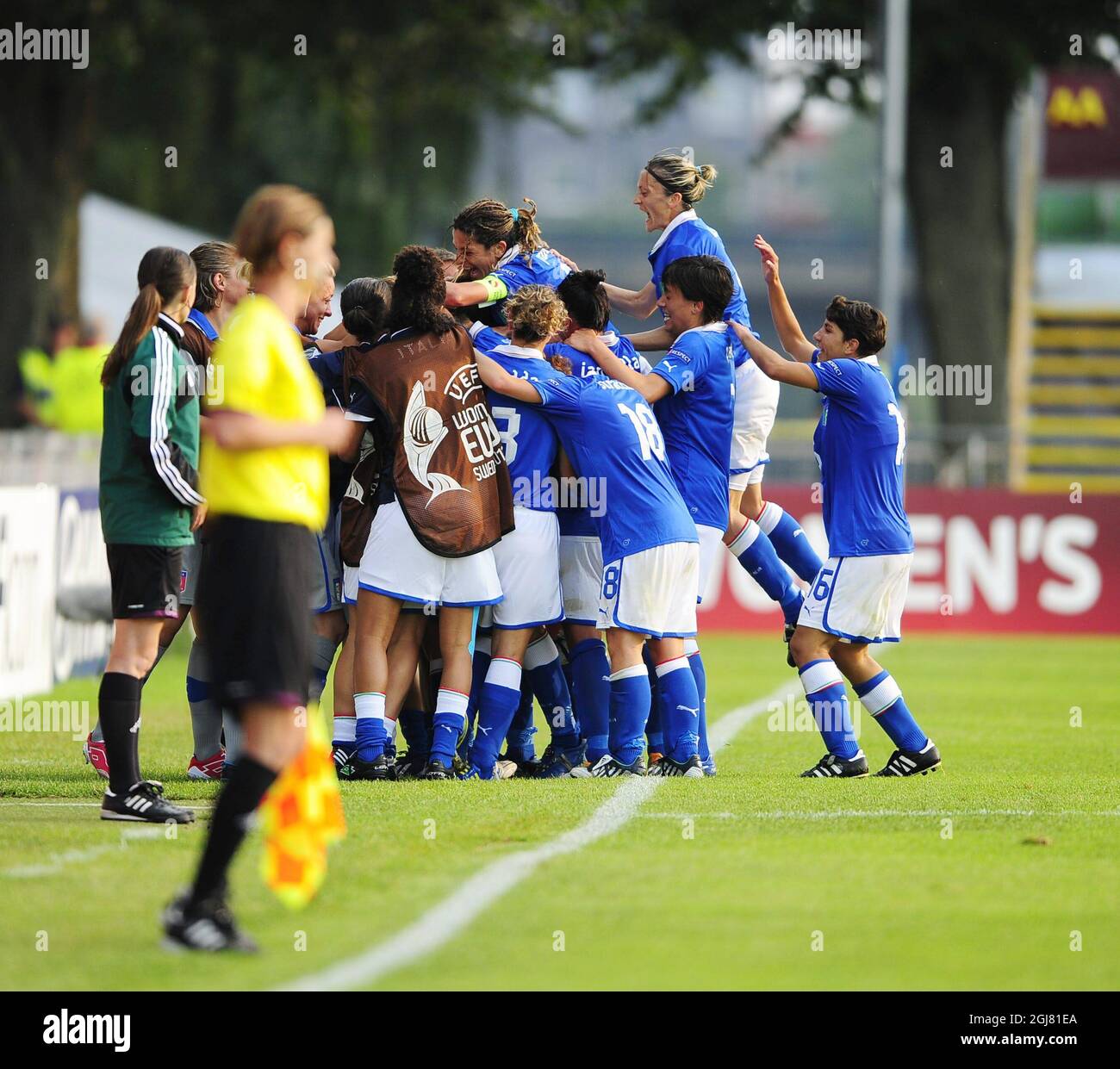 HALMSTAD 2013-07-13 Italian players celebrate after Melania Gabbiadini (not seen) scored the team's first goal during the UEFA Women's EURO 2013 group A soccer match between Denmark and Italy at Orjans vall in Halmstad, Sweden, on July 13, 2013. Photo: Bjorn Lindgren / SCANPIX / code 9204  Stock Photo