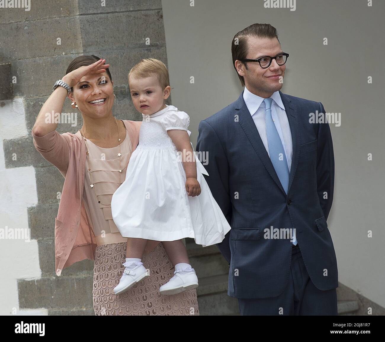 BORGHOLM 20130714 Swedish Crown Princess Victoria, Prince Daniel and their daughter Estelle, at the courtyard of the royal family's summer residence Solliden, on the island of Oeland, Sweden, on July 14, 2012, during the celebrations of Crown Princess Victorias 36th birthday. Photo: Jonas Ekstromer / SCANPIX / code 610030  Stock Photo