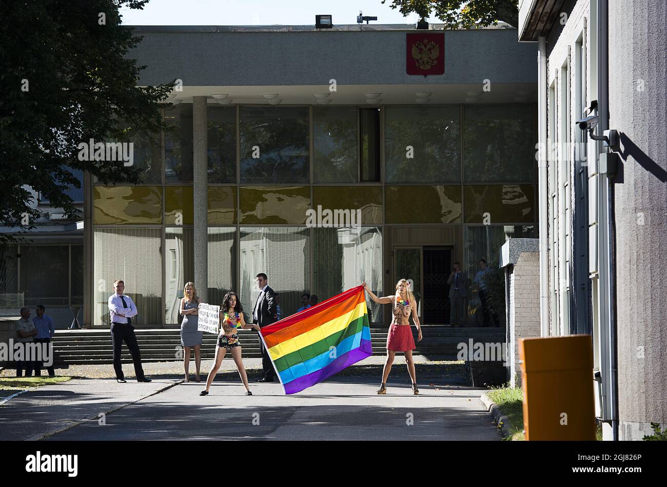 STOCKHOLM 20130801 Four activists from the feminist organization FEMEN conducted a campaign on Thursday morning at the Russian embassy in Stockholm to protest against Russian anti-gay laws. Two of the activists entered the embassy area. The police was called to the site and the women were arrested thereafter for trespassing. This week Stockholm Pride Festival is taking place. Foto Jonas Ekstromer / SCANPIX kod 10030  Stock Photo