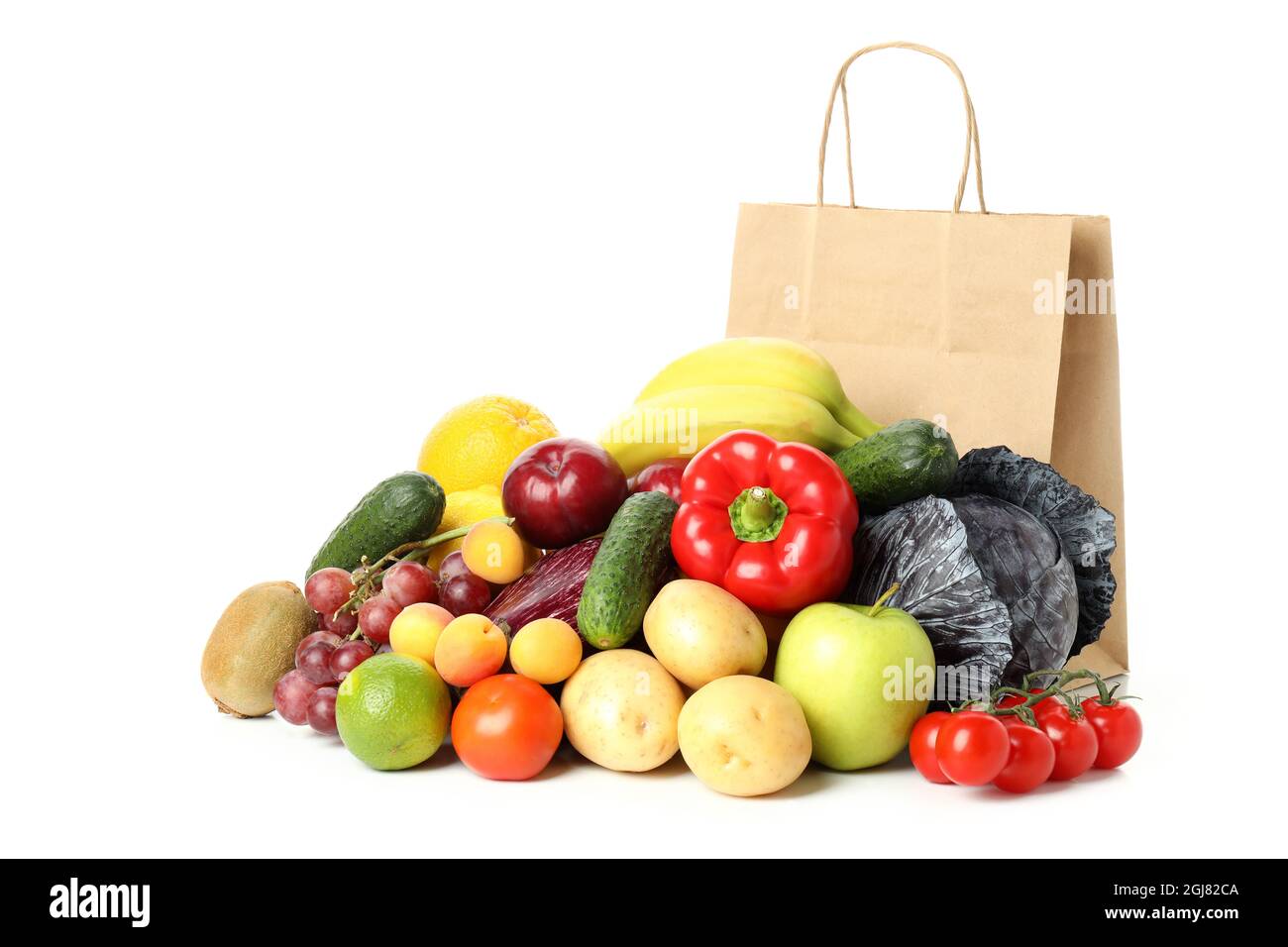 Paper bag, vegetables and fruits isolated on white background Stock ...