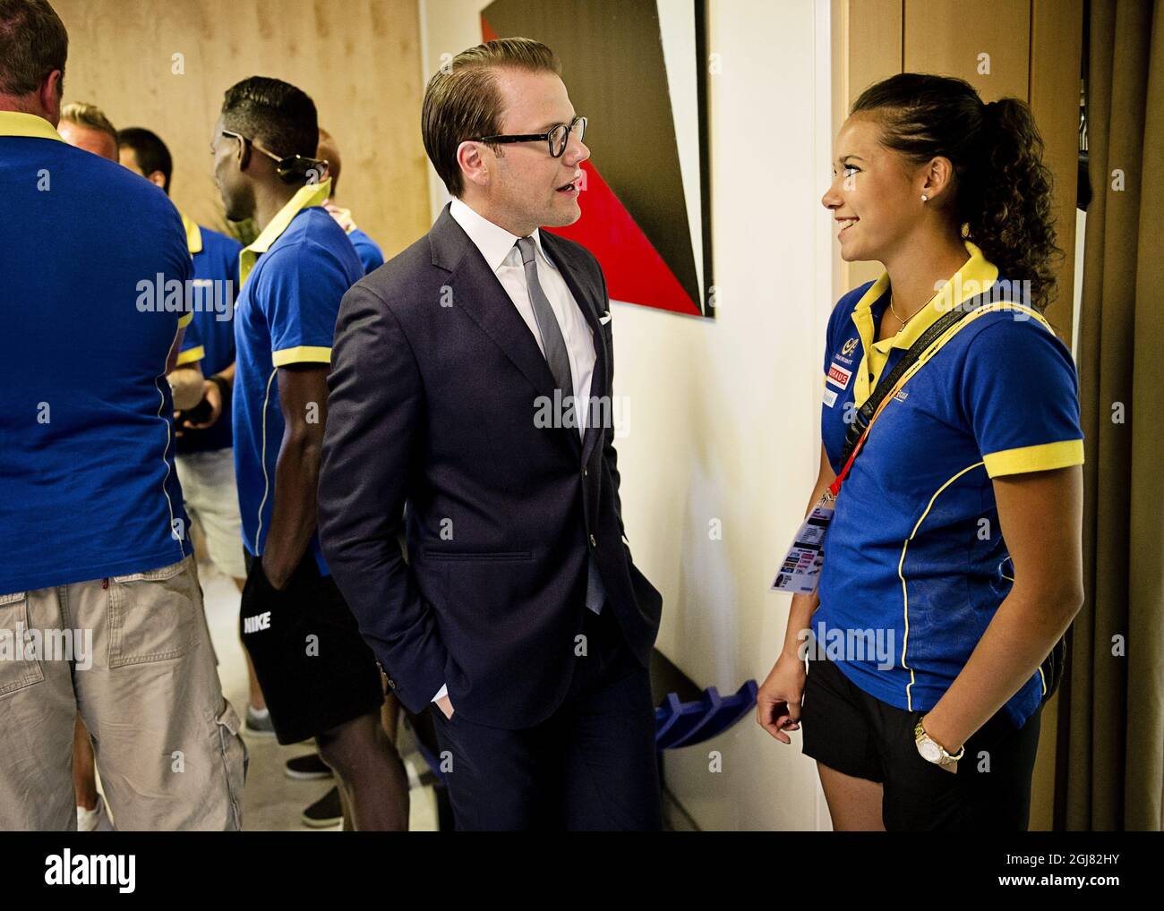 MOSKVA 2013-08-14 Prince Daniel is seen with pole vaulter Angelica Bengtsson during a reception for the Swedish athletes at the Swedish Embassy in Moscow, Russia, August 14, 2013. Foto: Erik Martensson / SCANPIX / Kod 10400  Stock Photo