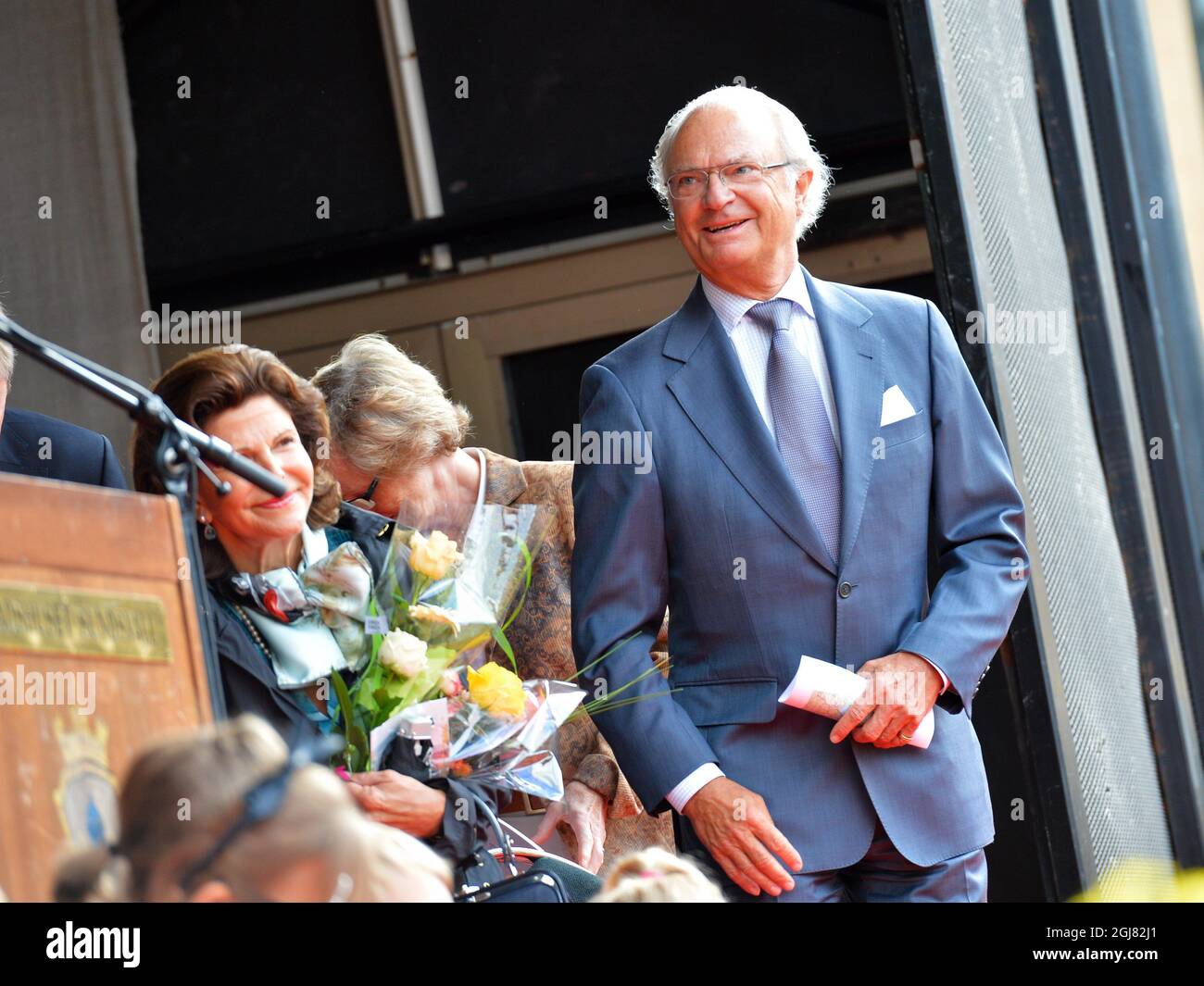HARNOSAND 2013-08-14 King Carl Gustaf and Queen Silvia are seen during their visit to the city of Harnosand, north Sweden, August 14, 2013. The visit is a part of the KingÂ’s 40 year anniversary on the throne. Foto Jonas Ekstromer / SCANPIX kod 10030  Stock Photo