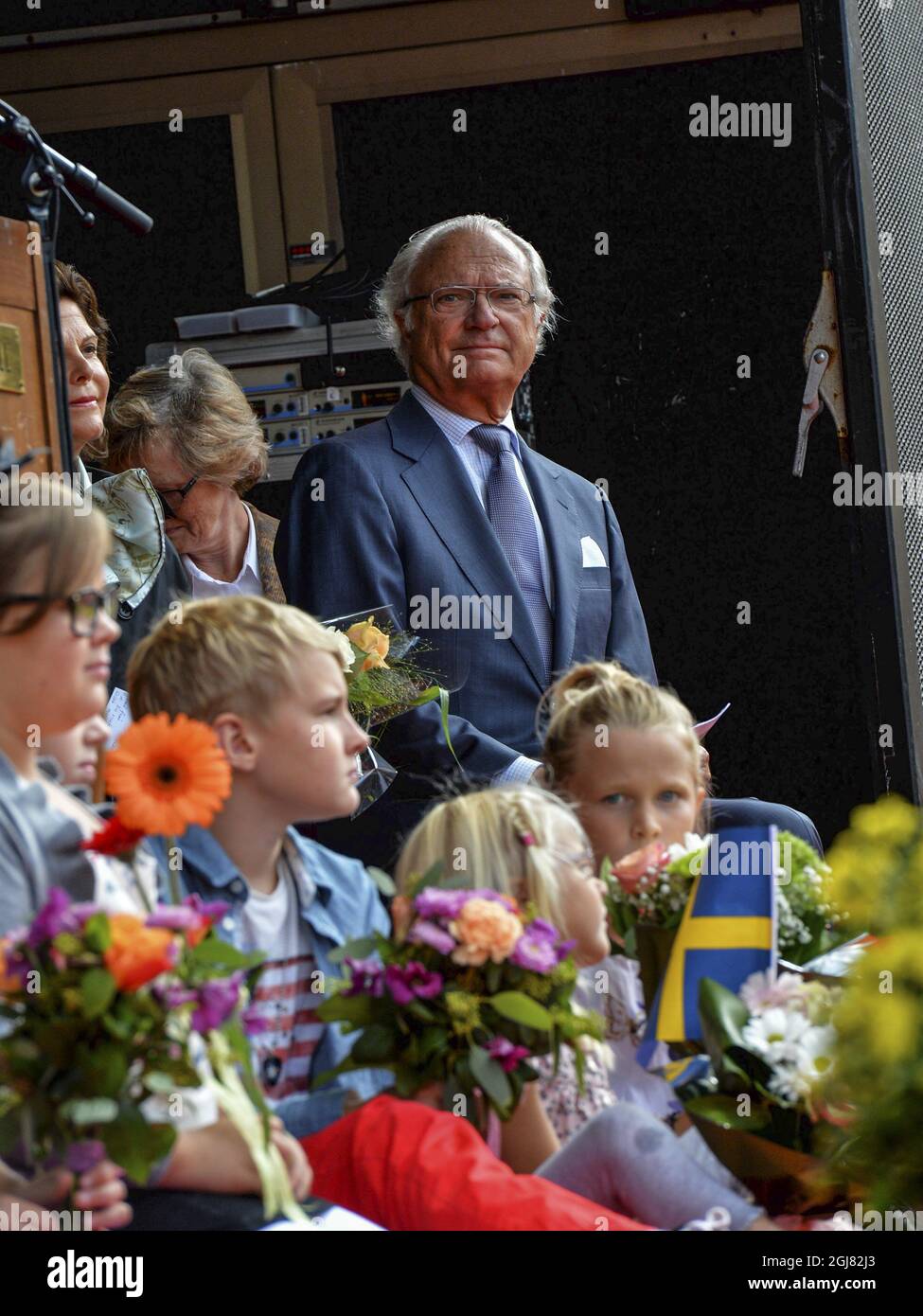 HARNOSAND 2013-08-14 King Carl Gustaf and Queen Silvia are seen during their visit to the city of Harnosand, north Sweden, August 14, 2013. The visit is a part of the KingÂ’s 40 year anniversary on the throne. Foto Jonas Ekstromer / SCANPIX kod 10030  Stock Photo