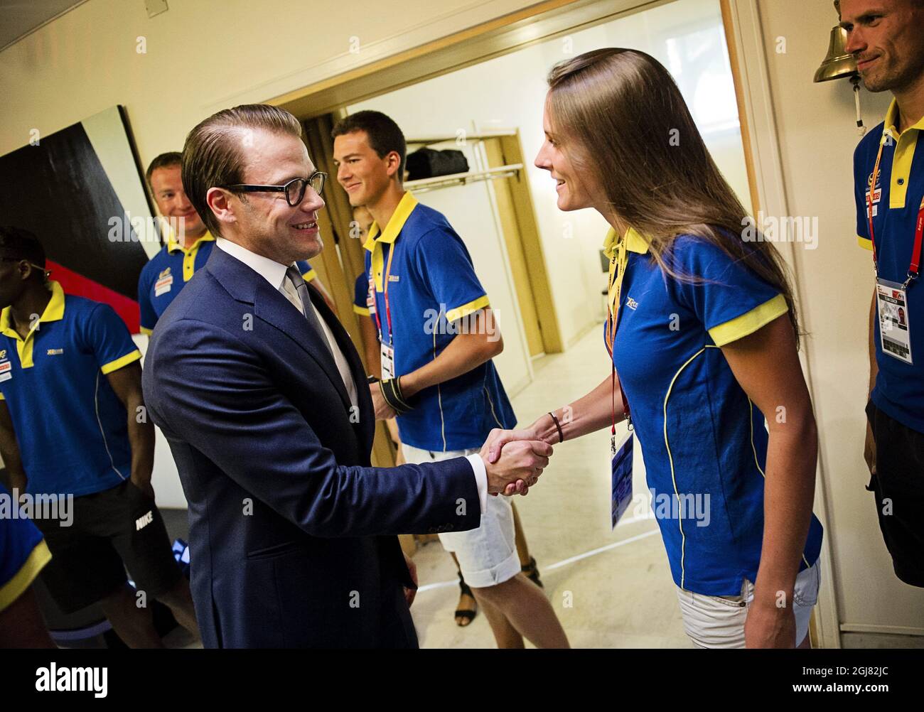 MOSKVA 2013-08-14 Prince Daniel is seen with Swedish Long Jumper Erica Jarders during a reception the Swedish Embassy in Moscow, Russia, August 14, 2013. Foto: Erik Martensson / SCANPIX / Kod 10400  Stock Photo