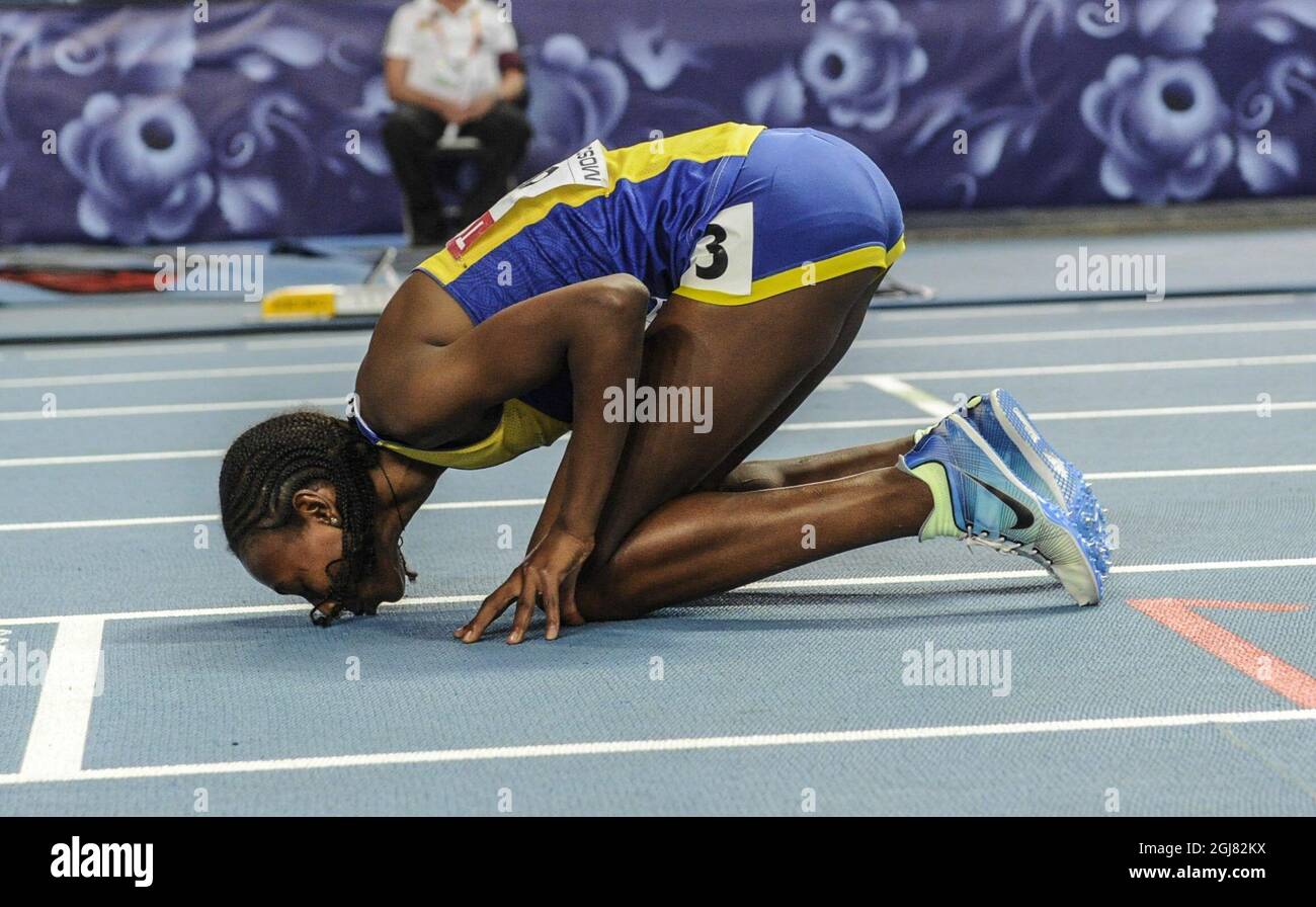 Sweden's Abeba Aregawi reacts after winning the women's 1500 metres final at the 2013 IAAF World Championships at the Luzhniki stadium in Moscow on August 15, 2013. Photo Erik Martensson / SCANPIX / Kod 10400  Stock Photo