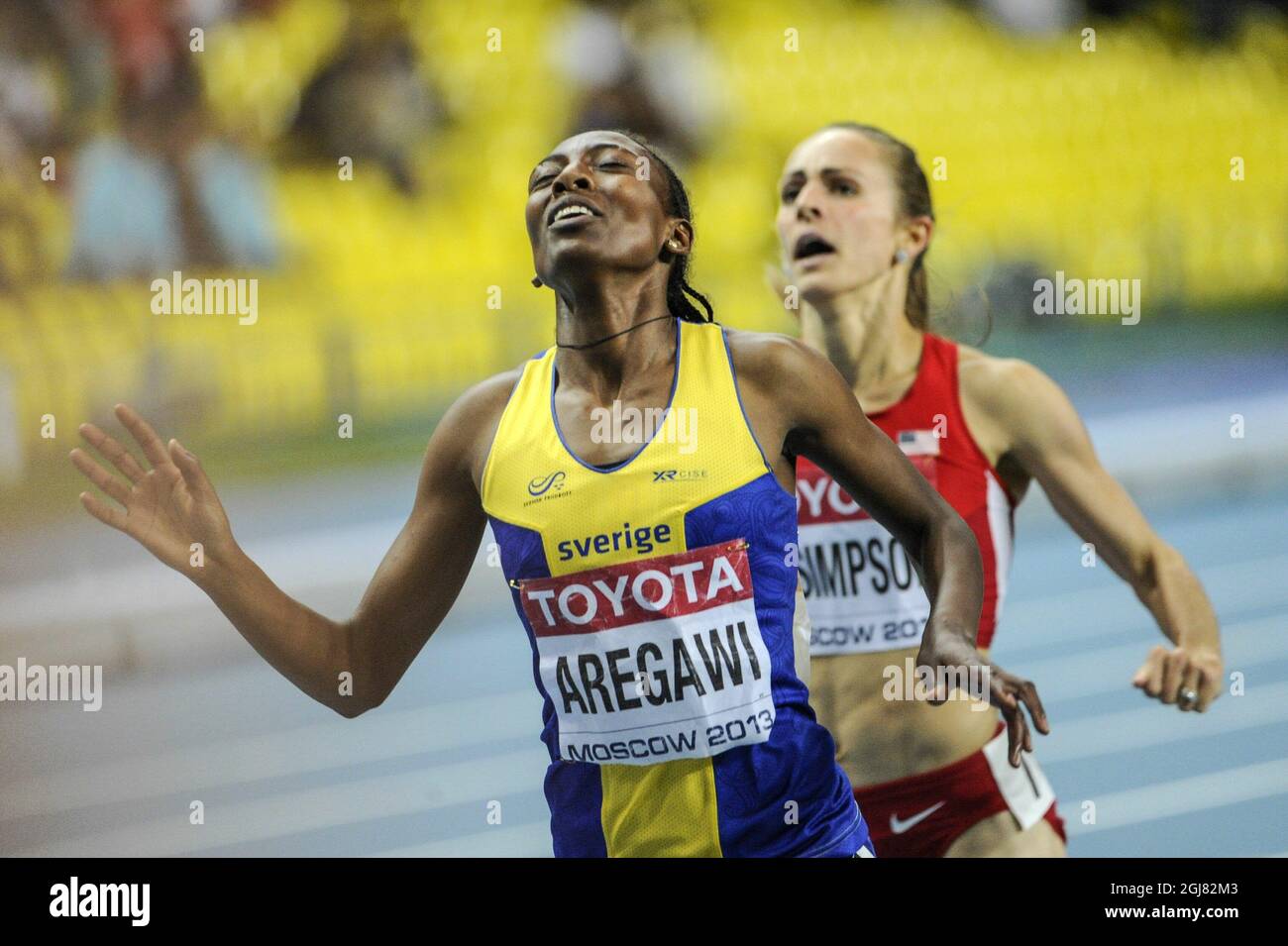 Sweden's Abeba Aregawi won the women's 1500 metres final at the 2013 IAAF World Championships at the Luzhniki stadium in Moscow on August 15, 2013, ahead of U.S. Jennifer Simpson. Photo Erik Martensson / SCANPIX / Kod 10400  Stock Photo