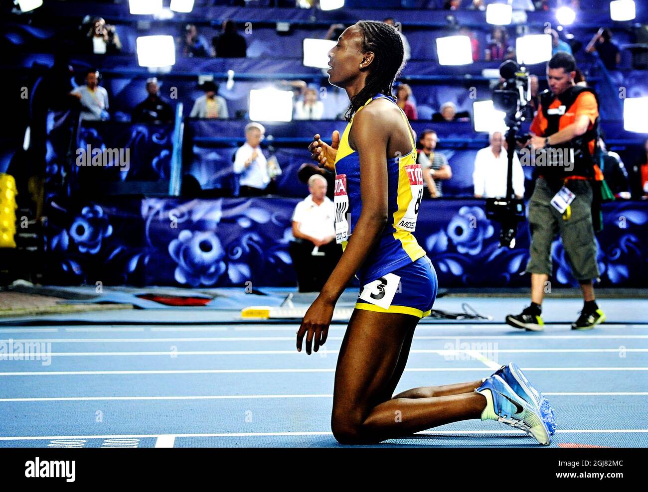 Sweden's Abeba Aregawi reacts after winning the women's 1500 metres final at the 2013 IAAF World Championships at the Luzhniki stadium in Moscow on August 15, 2013. Photo Erik Martensson / SCANPIX / Kod 10400  Stock Photo