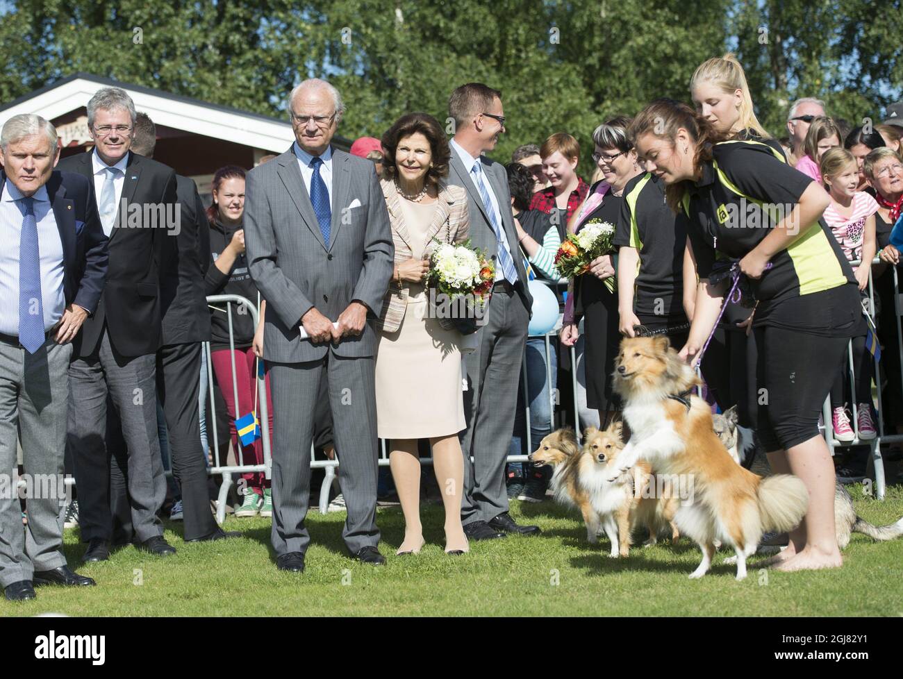 FORSHAGA 2013 King Carl Gustaf of Sweden and Queen Silvia.  Kung Carl Gustaf och drottning Silvia ser pÃƒÂ¥ hund dressyr. Detta pÃƒÂ¥ Forshagaakademi, besÃƒÂ¶ket var en del av kungens resa i VÃƒÂ¤rmland idag. Kungen reser under ÃƒÂ¥ret till alla svenska lÃƒÂ¤n som en del av hans firande av 40 ÃƒÂ¥r pÃƒÂ¥ tronen.ka lÃƒÂ¤n som en del av hans firande av 40 ÃƒÂ¥r pÃƒÂ¥ tronen.  Foto: Fredrik Sandberg / SCANPIX / Kod 10080 Stock Photo