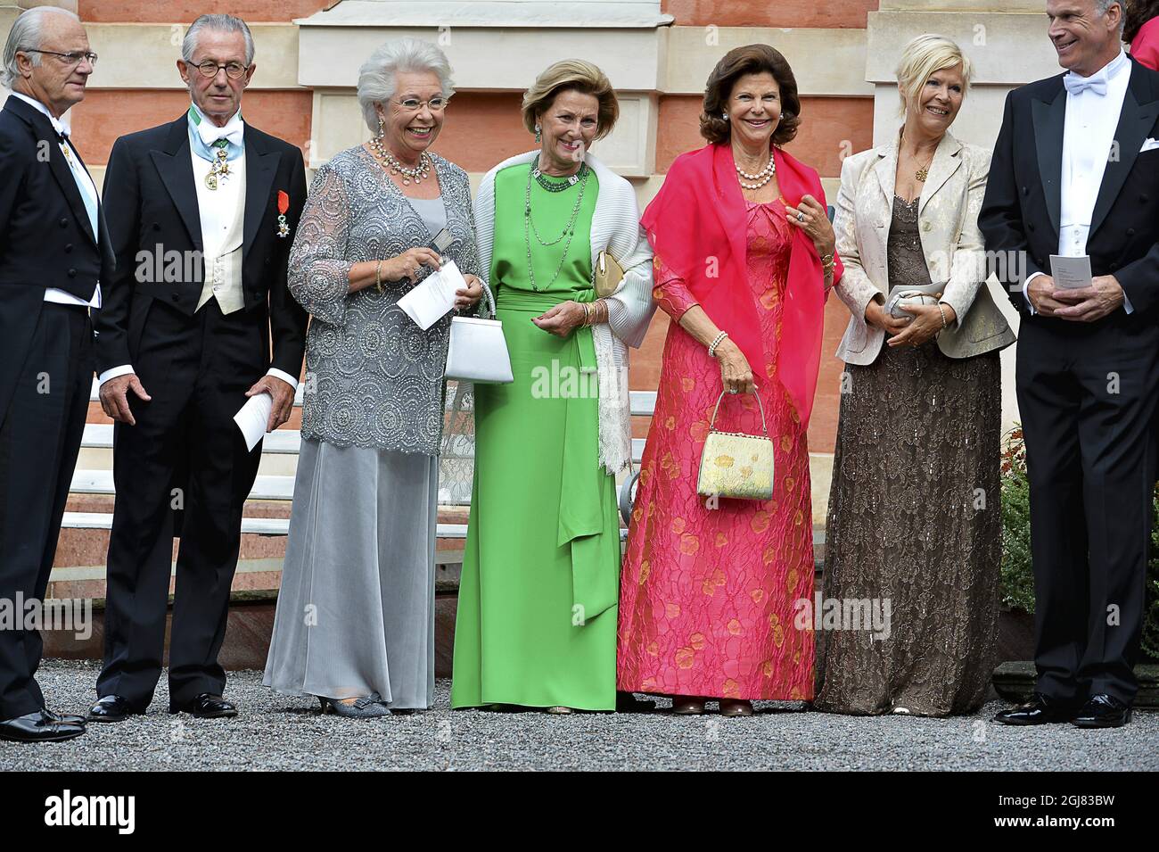 STOCKHOLM 2013-08-31 King Carl Gustaf, Tord Magnuson, Princess Christina, Queen Sonja, Queen Silvia and father of bride AndrÃ©n arrive for the wedding at the Ulriksdal Palace Chapel in Stockholm, Sweden, August 31, 2013. The Swedish Kings godson Gustaf Magnuson (son of Princess Christina and Tord Magnuson) married model Vicky AndrÃ©n Saturday. Photo Jonas Ekstromer / SCANPIX / ** SWEDEN OUT ** Stock Photo