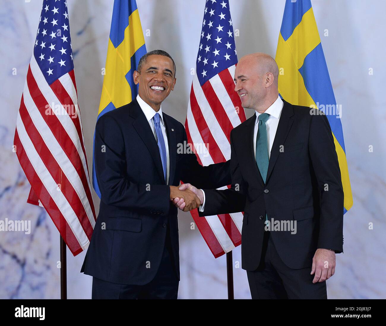 STOCKHOLM 20130904S US President Barack Obama and Swedish Prime Minister Fredrik Reinfeldt during their meeting at the Government offices in Stockholm, Sweden, September 4, 2013. President Obama is in Sweden for bilateral talks prior to a G20 summit in Russia. Foto Jonas Ekstromer / SCANPIX kod 10030  Stock Photo
