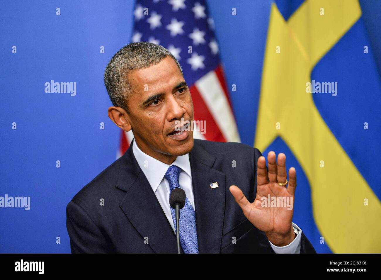 STOCKHOLM 20130904 US President Barack Obama during the press conference at the Government offices in Stockholm, Sweden, September 4, 2013. President Obama is in Sweden for bilateral talks prior to a G20 summit in Russia. Foto Jonas Ekstromer / SCANPIX kod 10030  Stock Photo