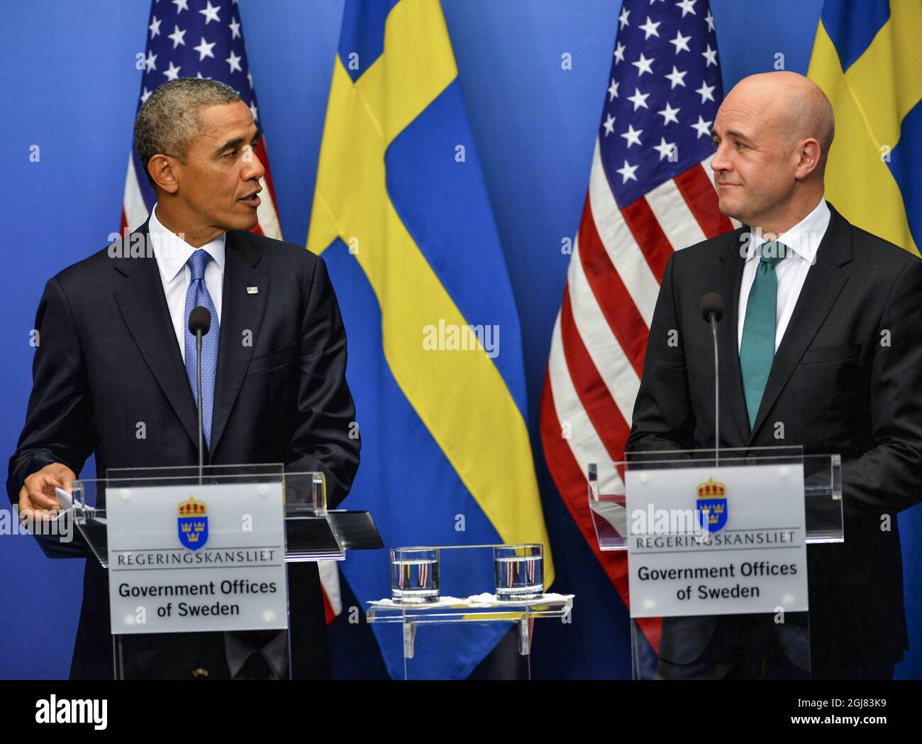 STOCKHOLM 20130904S US President Barack Obama and Swedish Prime Minister Fredrik Reinfeldt during the press conference at the Government offices in Stockholm, Sweden, September 4, 2013. President Obama is in Sweden for bilateral talks prior to a G20 summit in Russia. Foto Jonas Ekstromer / SCANPIX kod 10030  Stock Photo