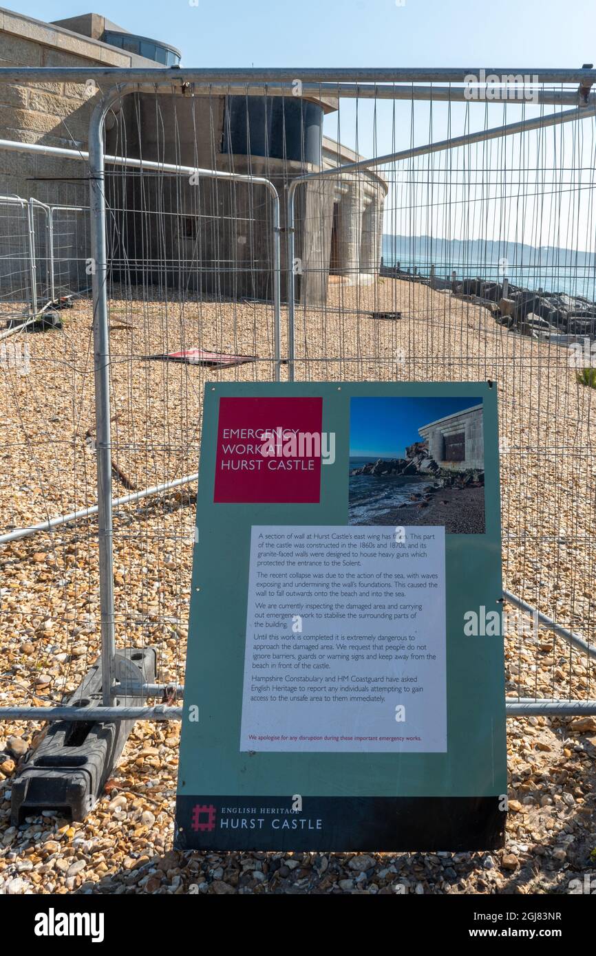 Sign at Hurst Castle, established by Henry VIII on the Hurst Spit in Hampshire, UK, about part of the building collapsing in February 2021 Stock Photo