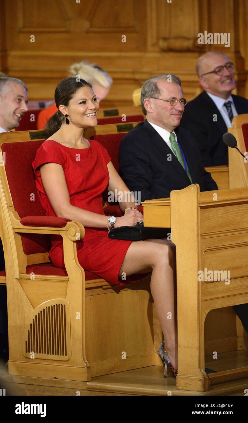 STOCKHOLM 20130911 Crown Princess Victoria is seen together with the Speaker of the Parliament, Per Westerberg during the seminar 'The EU as a Global Actor for Peace, Democracy and Freedom: Experience and Vision', in the Parliament Stockholm, Sweden, September 11, 2013. The seminar was held in memory of former Swedish Minister of Foreign affairs, Anna Lindh, who was murdered 10 years ago this day. Foto: Henrik Montgomery / SCANPIX / kod: 10060  Stock Photo