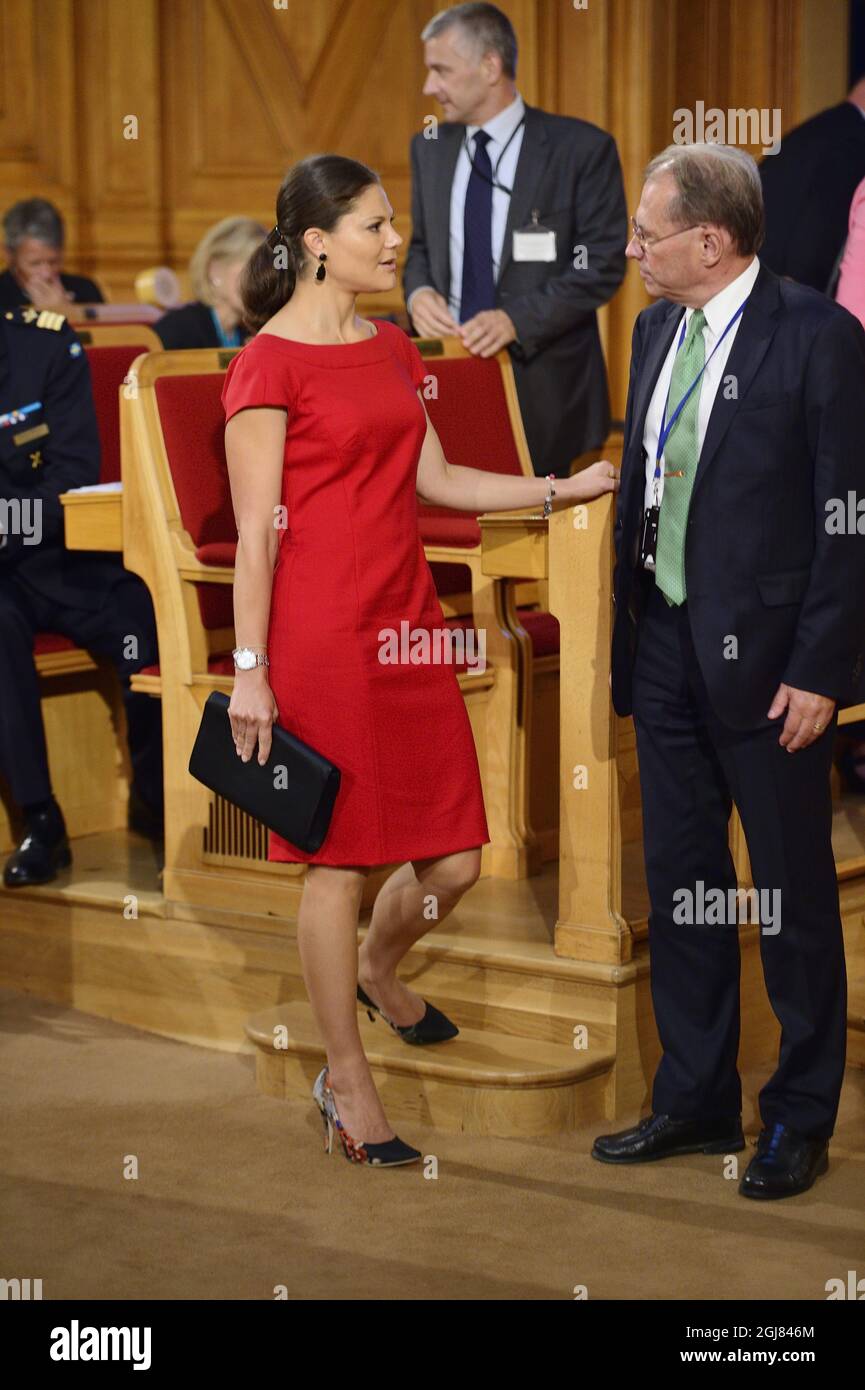 STOCKHOLM 20130911 Crown Princess Victoria is seen together with the Speaker of the Parliament, Per Westerberg during the seminar "The EU as a Global Actor for Peace, Democracy and Freedom: Experience and Vision", in the Parliament Stockholm, Sweden, September 11, 2013. The seminar was held in memory of former Swedish Minister of Foreign affairs, Anna Lindh, who was murdered 10 years ago this day. Foto: Henrik Montgomery / SCANPIX / kod: 10060  Stock Photo