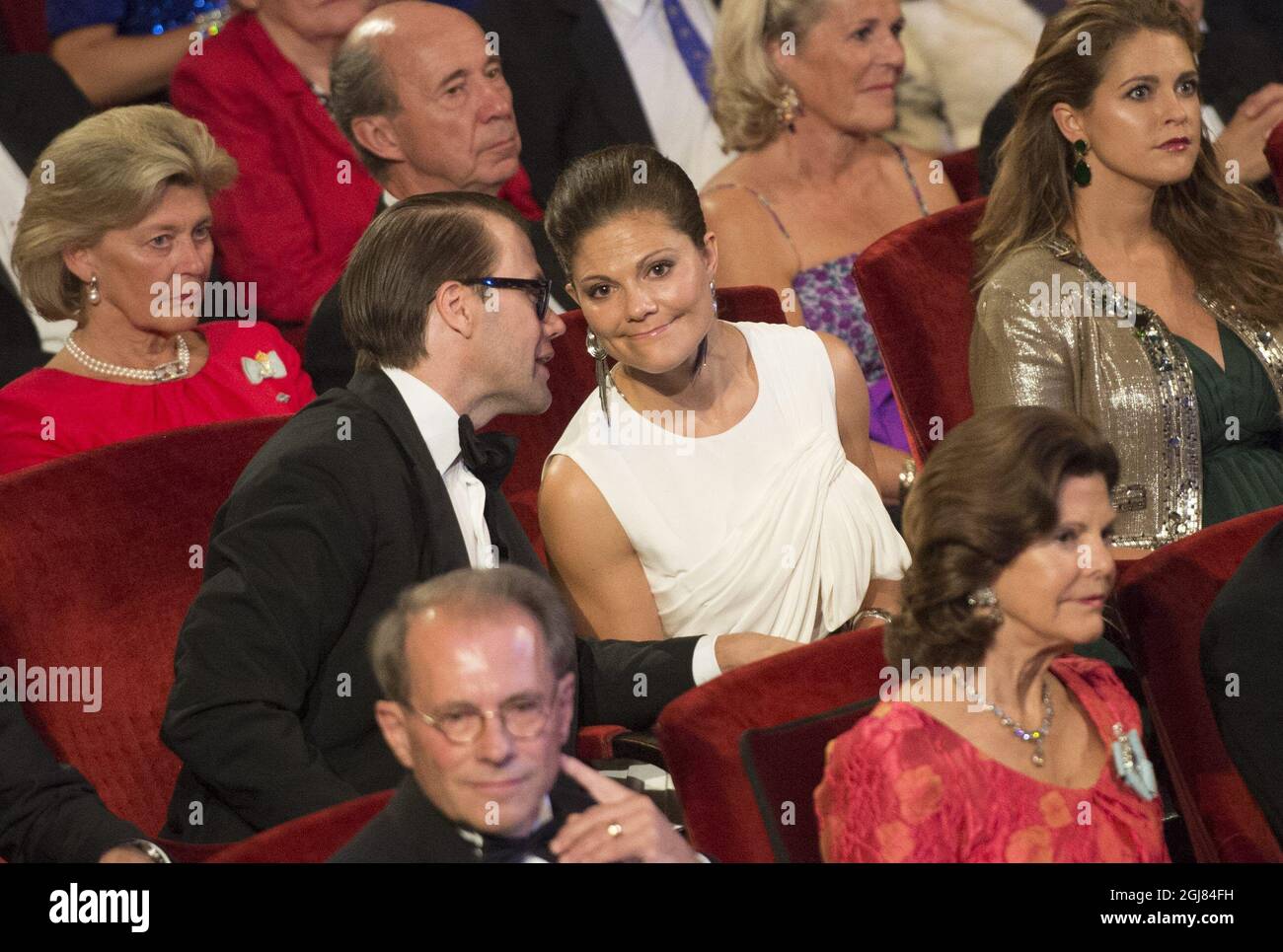 STOCKHOLM 20130914 Prince Daniel, Crown Princess Victoria, Princess Madeleine and in front of them Per Westerberg, Speaker of the Parliament and Queen Silvia at the Swedish Riksdag's jubilee concert in connection with The King's 40th jubilee, held at the Concert Hall in Stockholm September 14, 2013. Photo: Fredrik Sandberg / SCANPIX / Kod 10080  Stock Photo