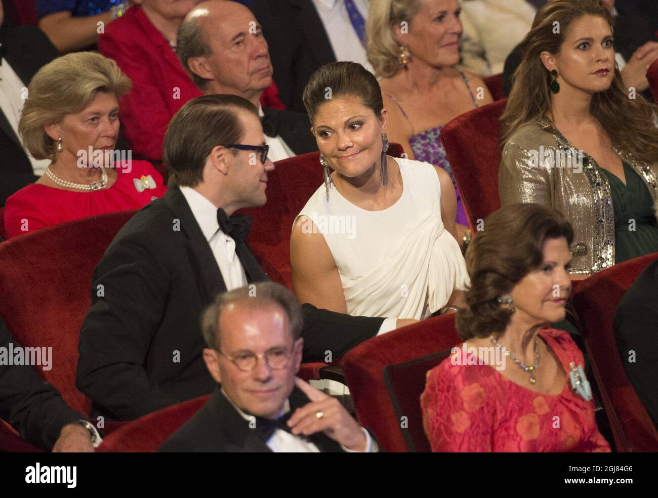 STOCKHOLM 20130914 Prince Daniel, Crown Princess Victoria, Princess Madeleine and in front of them Per Westerberg, Speaker of the Parliament and Queen Silvia at the Swedish Riksdag's jubilee concert in connection with The King's 40th jubilee, held at the Concert Hall in Stockholm September 14, 2013. Photo: Fredrik Sandberg / SCANPIX / Kod 10080  Stock Photo