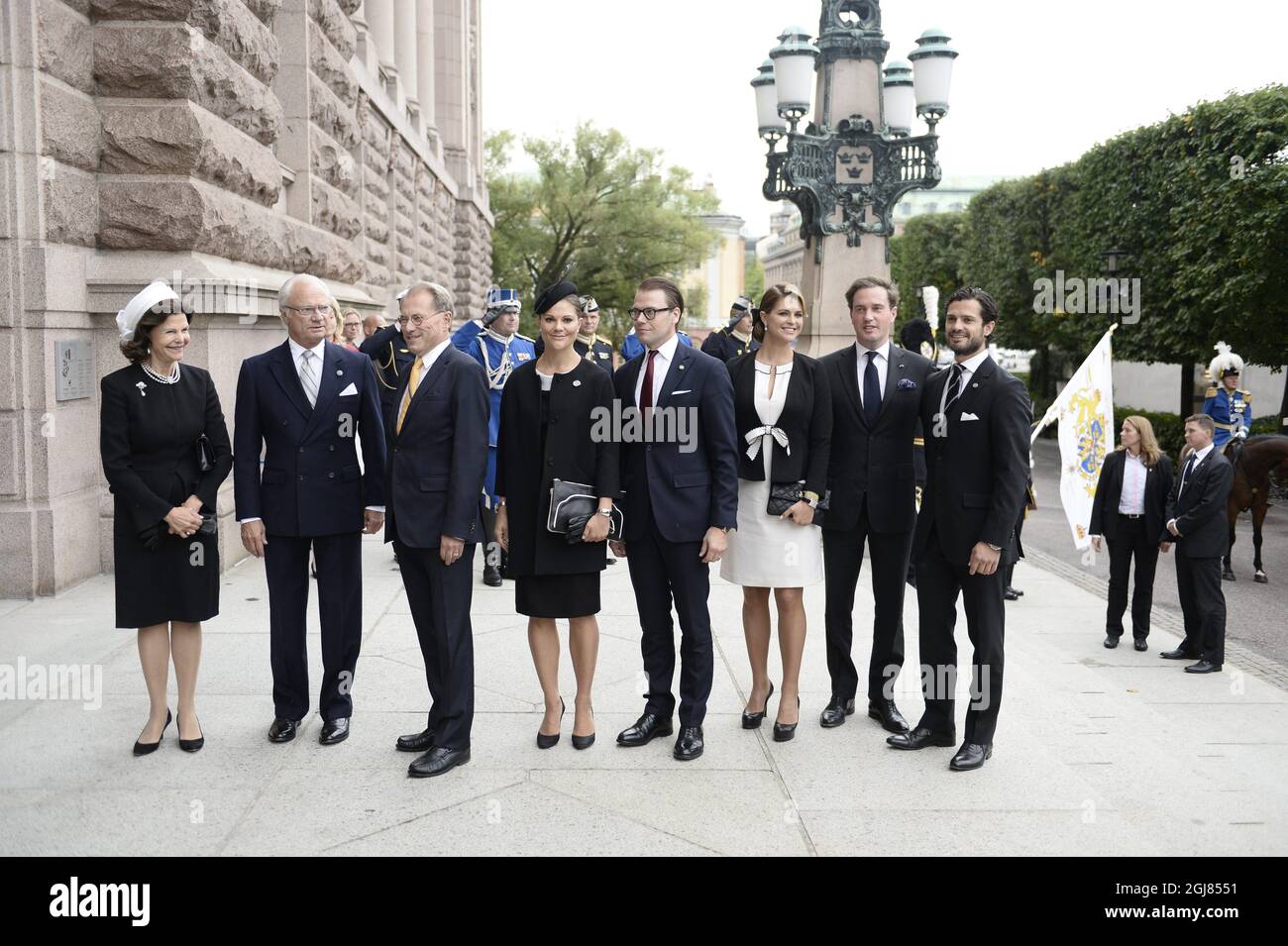 STOCKHOLM 2013-09-17 Queen Silvia, King Carl Gustaf, Per Westerberg Speak of the Parliament, Crown Princess Victoria, Princess Madeleine, Christopher OÂ´Neil and Prince Carl Philip at the opening of the Parliament in Stockholm, Sweden, September 17, 2013 Foto: Pontus Ludahl / SCANPIX / kod 10050  Stock Photo