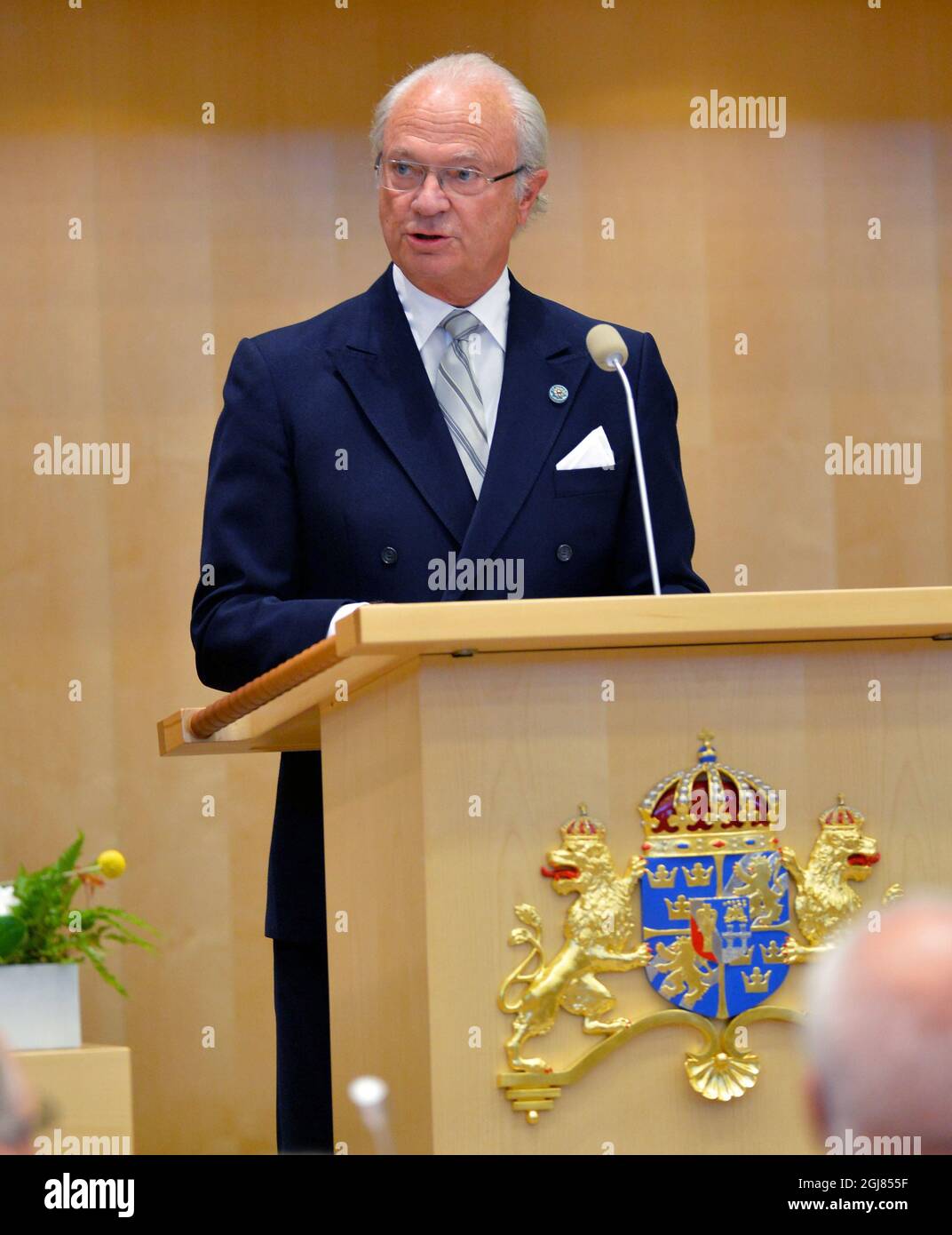 STOCKHOLM 2013-09-17 King Carl Gustaf speak at the opening of the Parliament in Stockholm, Sweden, September 17, 2013 Foto: Jonas Ekstromer / SCANPIX / Kod 10030  Stock Photo