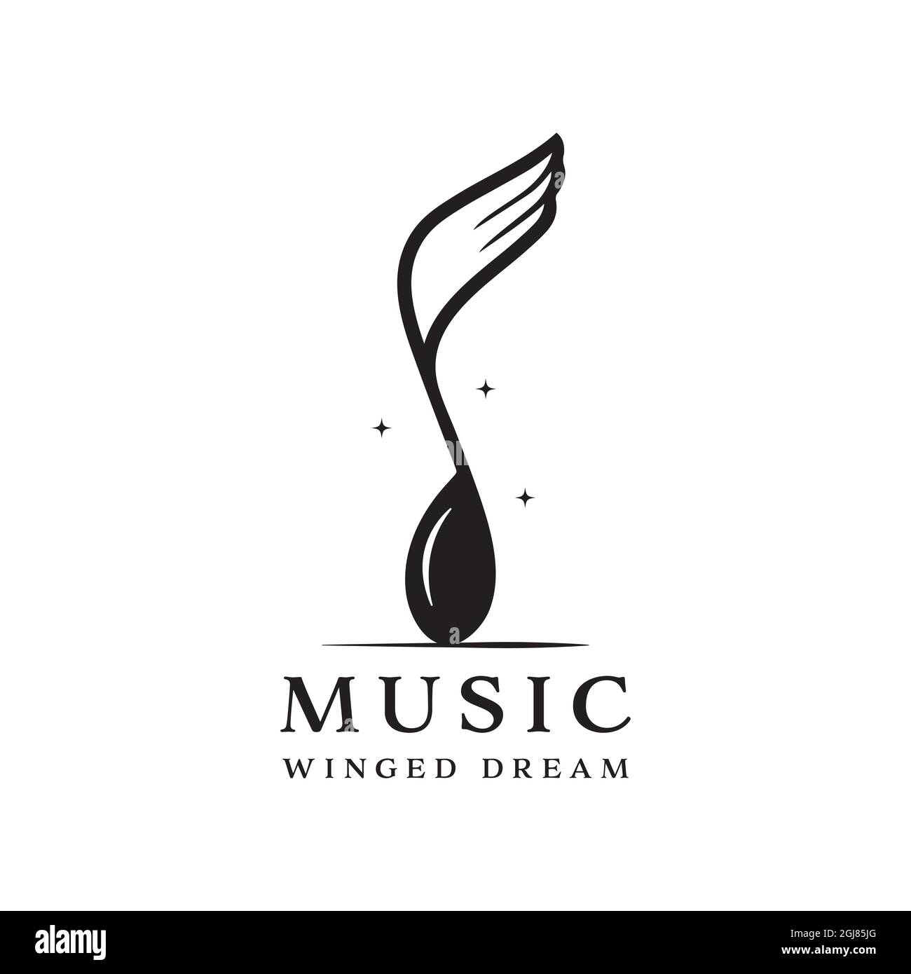 winged music notation logo isolated on white background. combination of musical notation and wings Stock Vector