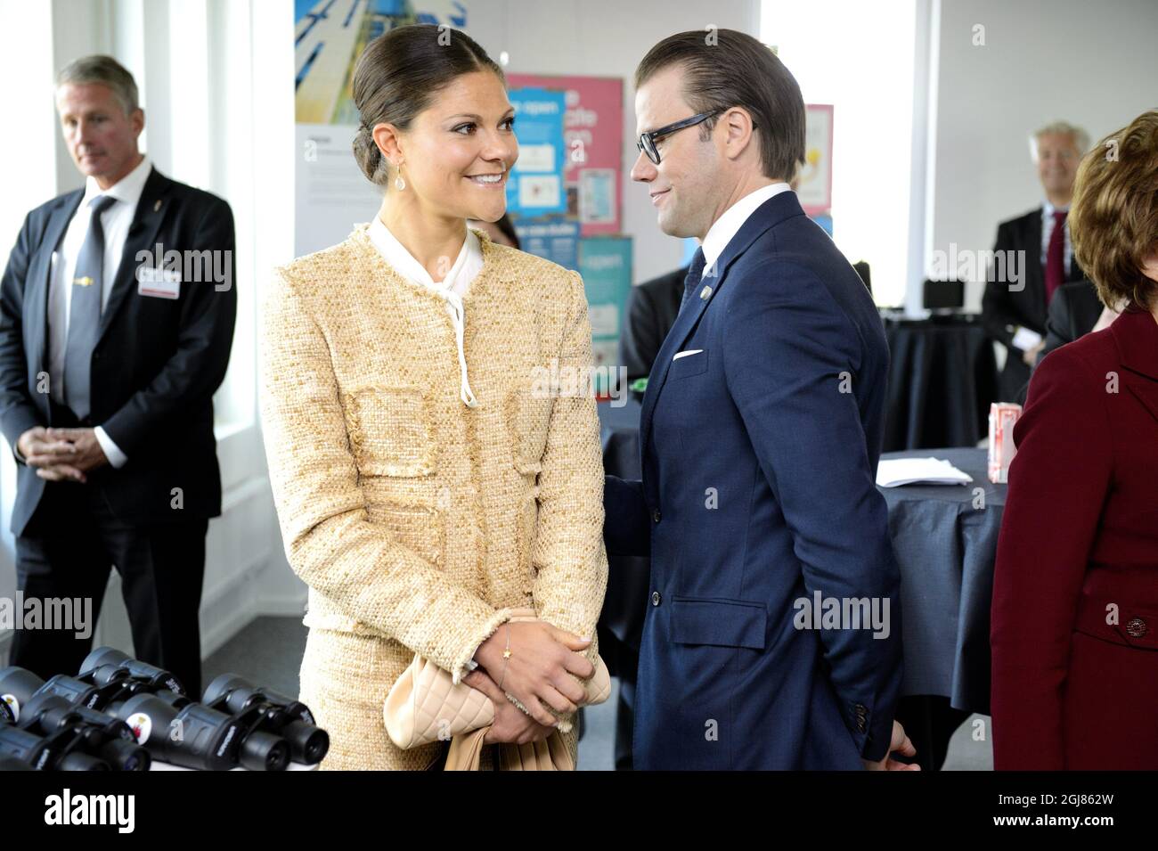 LUND 2013-10-03 Crown Princess Victoria and Prince Daniel are seen during a visit to Ideon Gateway in Lund, Sweden, October 3, 2013. The Crown Princess couple accompanied President Anibal Cavaco Silva and his wife Maria. The Ideon Gateway is a model for building a city part designed for research and innovation. The President of Portugal is on a State visit to Sweden. Foto: Ludvig Thunman / TT / Kod 10600  Stock Photo