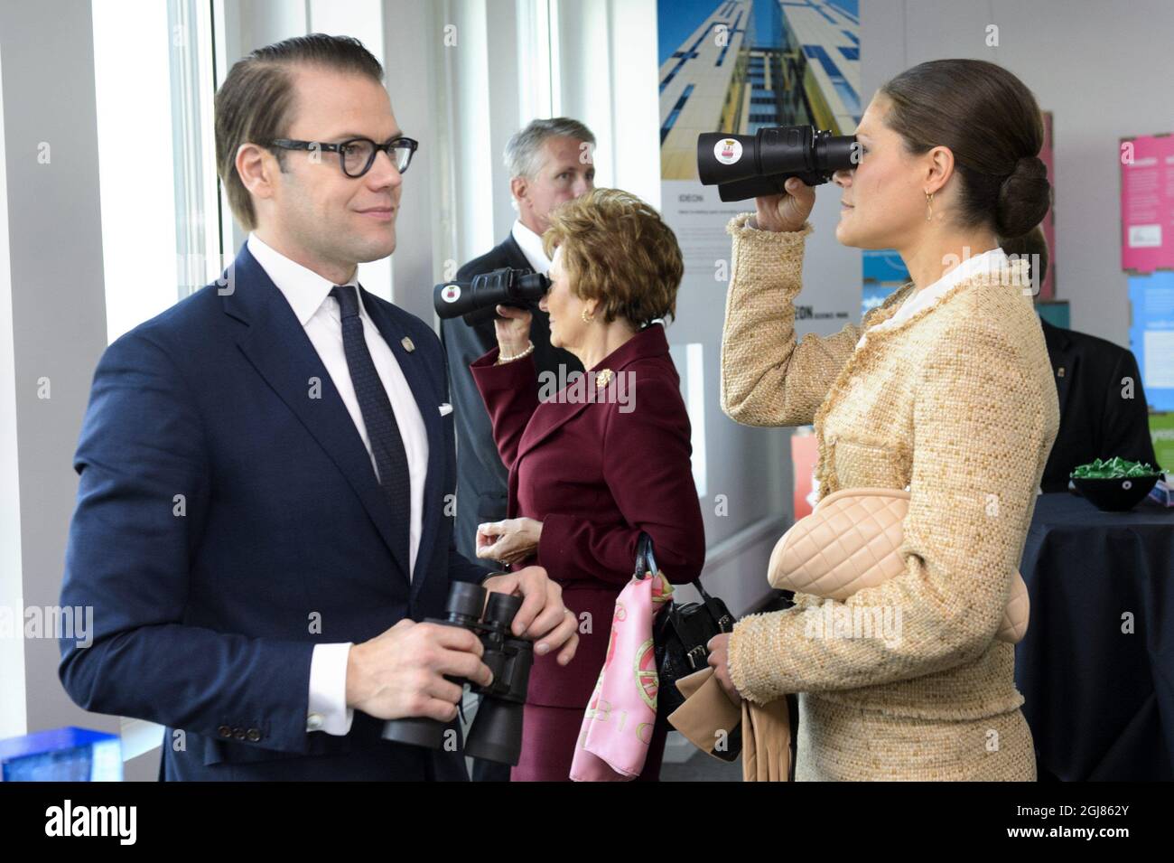 LUND 2013-10-03 Prince Daniel, Maria Cavaco Silva and Crown Princess Victoria are seen during a visit to Ideon Gateway in Lund, Sweden, October 3, 2013. The Crown Princess couple accompanied President Anibal Cavaco Silva and his wife Maria. The Ideon Gateway is a model for building a city part designed for research and innovation. The President of Portugal is on a State visit to Sweden. Foto: Ludvig Thunman / TT / Kod 10600  Stock Photo