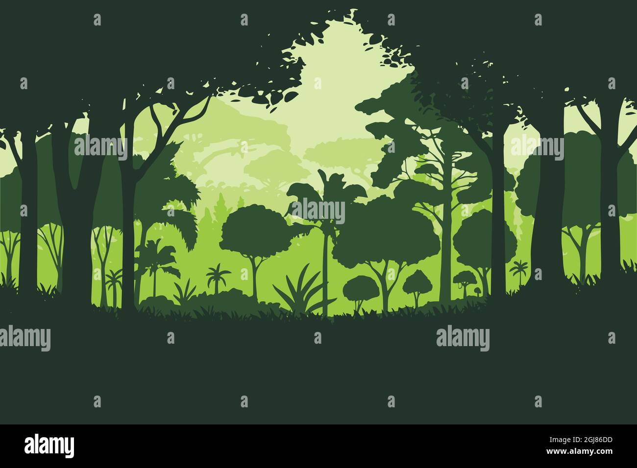 Vector illustration of a silhouette green jungle landscape Stock Vector