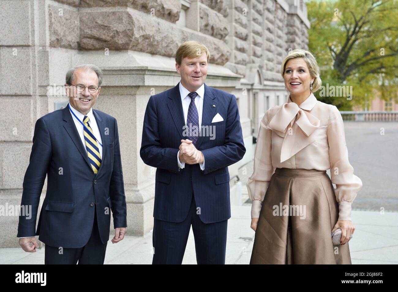 STOCKHOLM 2013-10-14 King Willem-Alexander and Queen Maxima of the Netherlands met with Sweden's Speaker of the Parliament, Per Westerberg at the Parliament in Stockholm on October 14, 2013. The Dutch Royals are on a one day visit to Sweden. Foto Anders Wiklund / TT / kod 10040  Stock Photo