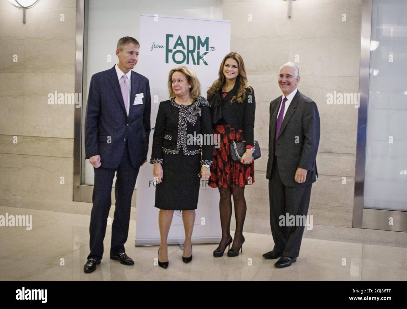 NEW YORK 2013-10-23 From left, Frederick Johansson, SACC (Swedish-American Chamber of Commerce), ReneÃƒÂ© Lundholm, President SACC, Princess Madeleine, Samuel A. di Piazza, Jr., Citigroup, arriving at the summit 'From Farm to Fork' in SACC's auspices in New York on Wednesday October 23, 2013. Foto: Linda Forsell / TT / kod 200  Stock Photo