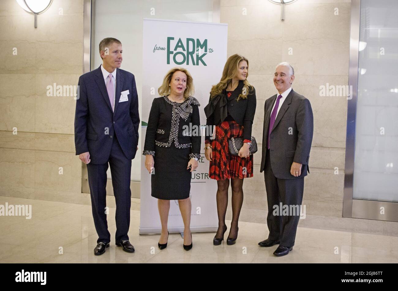 NEW YORK 2013-10-23 From left, Frederick Johansson, SACC (Swedish-American Chamber of Commerce), ReneÃƒÂ© Lundholm, President SACC, Princess Madeleine, Samuel A. di Piazza, Jr., Citigroup, arriving at the summit 'From Farm to Fork' in SACC's auspices in New York on Wednesday October 23, 2013. Foto: Linda Forsell / TT / kod 200  Stock Photo