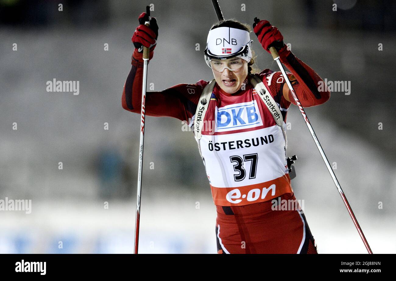 Ann Kristin Flatland of Norway during the Women's 7,5 km sprint race of the Biathlon World Cup in Ostersund, Sweden, on Nov. 29, 2013. Flatland won the race. Photo: Pontus Lundahl / TT / code 10050  Stock Photo