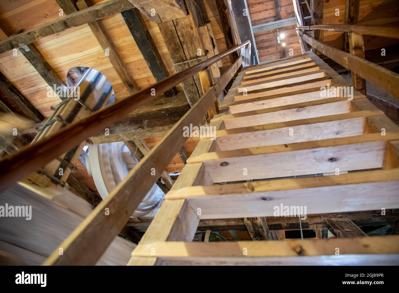Europe, Netherlands, Zaanse Schans. Ladder inside The Kat windmill. Stock Photo