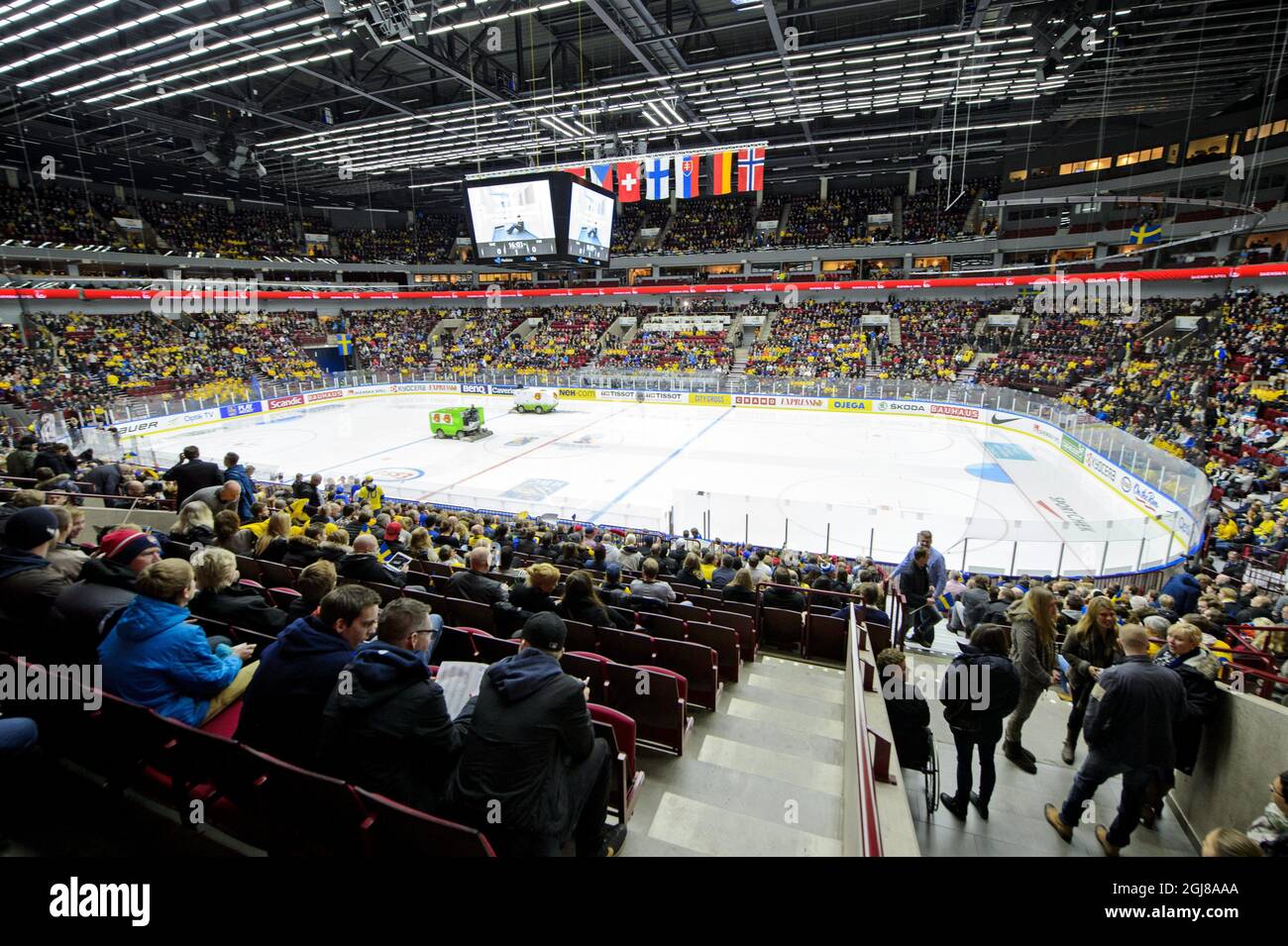 MALMO 2013-12-28 The ice is prepared ahead of the the IIHF World Junior Championship preliminary round group B icehockey match between Sweden and Finland at Malmo Arena in Malmo, Sweden, on Dec. 28, 2013. Photo: Ludvig Thunman / TT / code 10600  Stock Photo