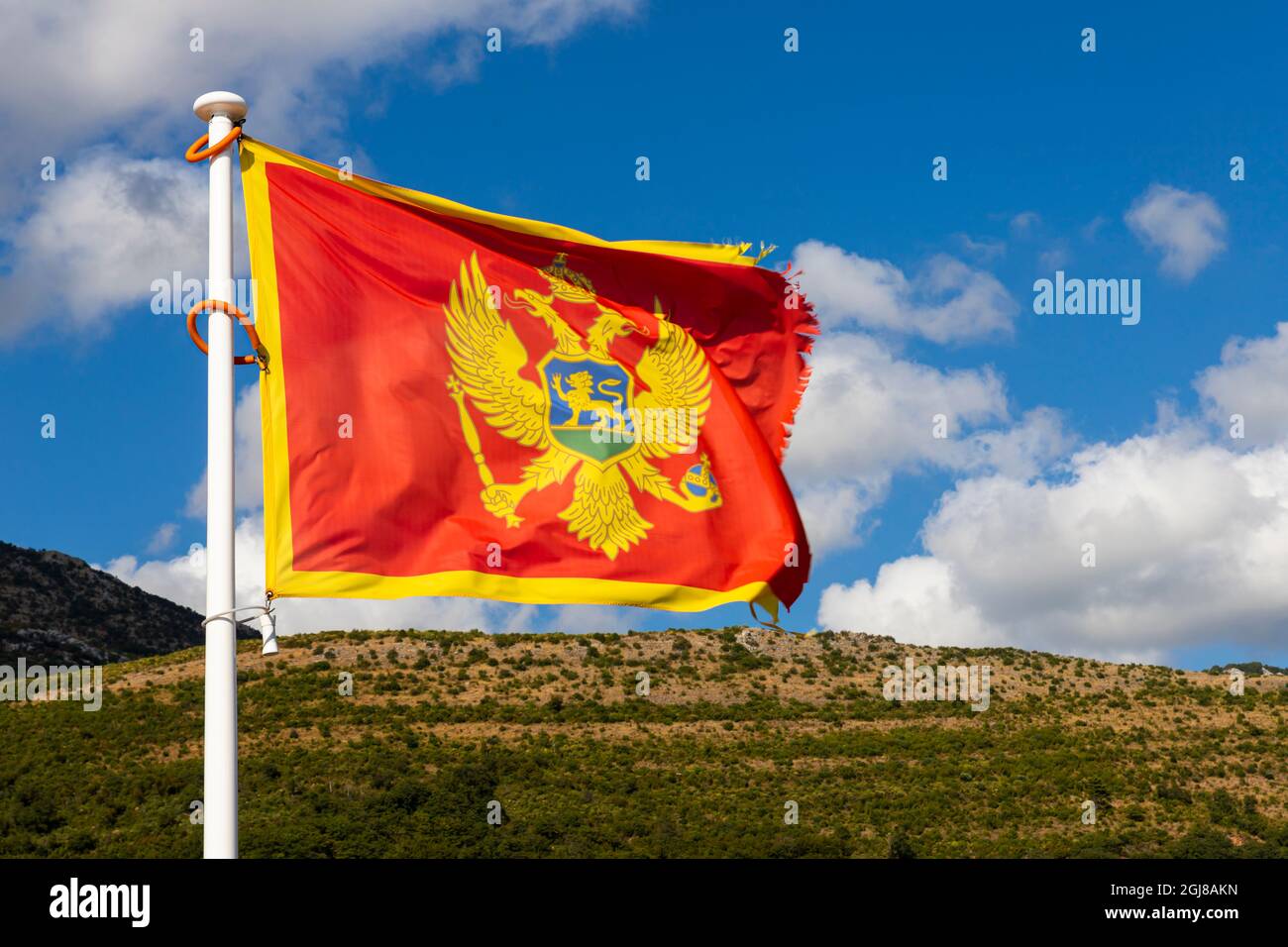 Flag of Montenegro waving in the wind with sky and mountains in ...