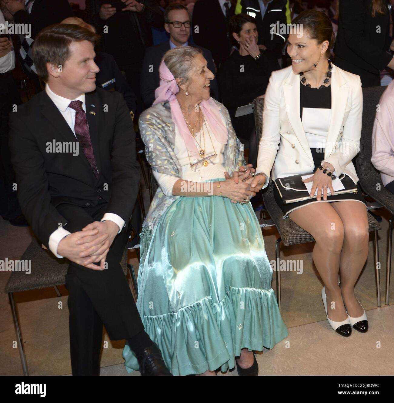 STOCKHOLM 2014-03-25 Crown Prince Victoria and Minister for Integration, Erik Ullenhag, met with a group of Roma people at the Norra Latin school in Stockholm, Sweden, March 25, 2014. Between the two sits Singoalla Millon. They were invited to a Government ceremony in which an investigation of the Swedish authorities discrimination and encroachment of Roma people over the years was presented. Foto: Fredrik Sandberg / TT / Kod 10080  Stock Photo